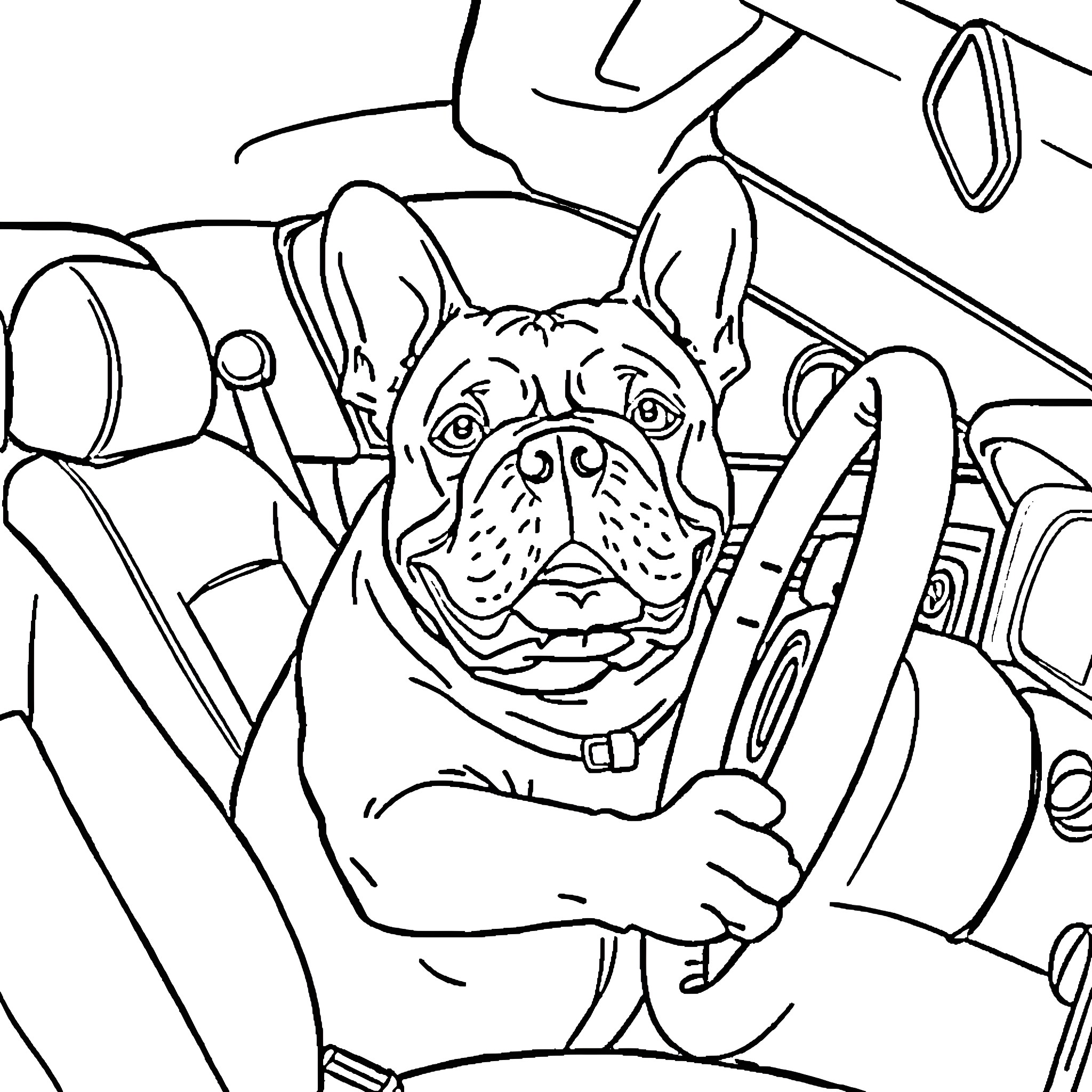 Bulldog enjoying a car ride with the window down Coloring Page (free black-and-white line drawing printable PDF for all, from beginners to advanced learners, including children, teens, adults, and seniors)