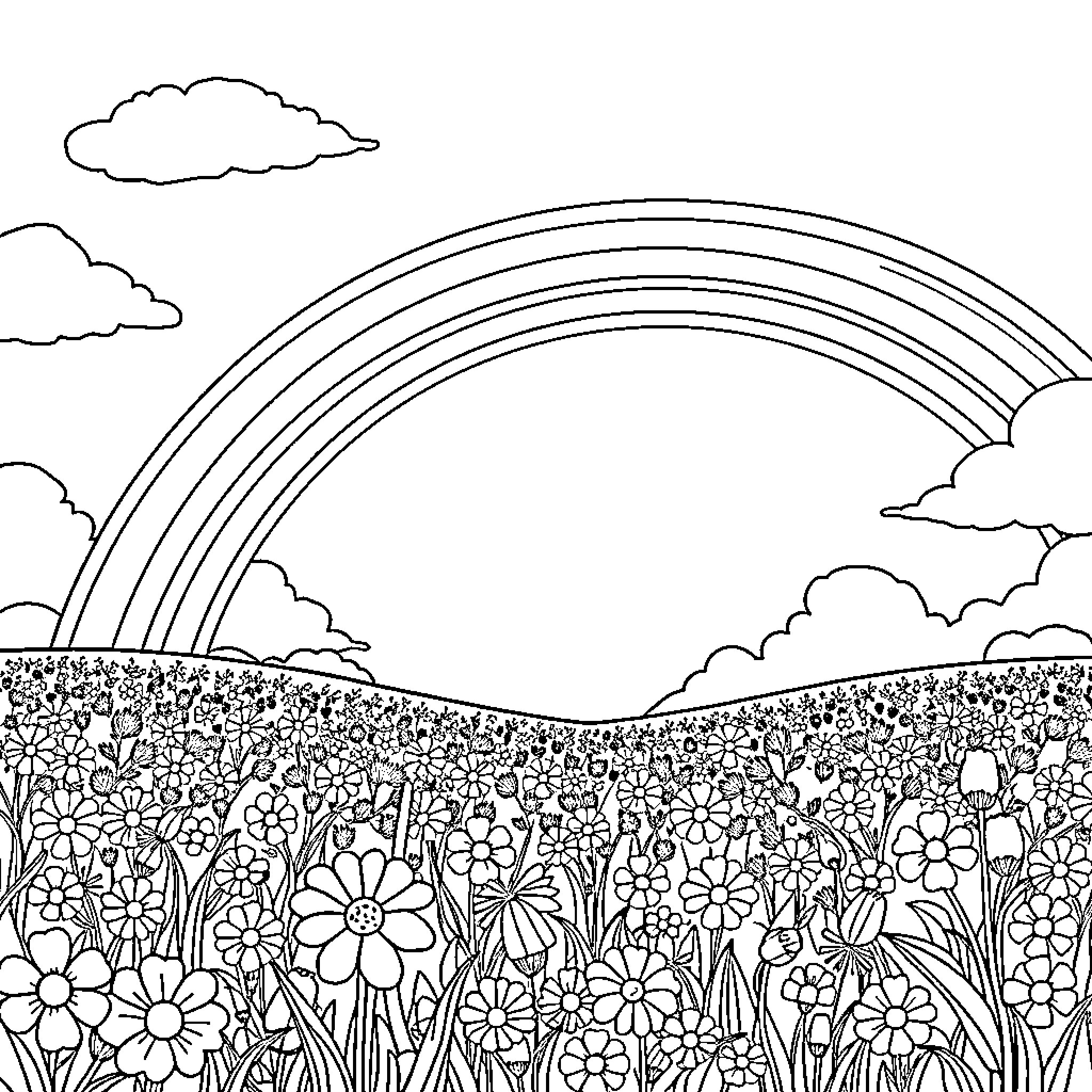 Rainbow Flowers Blossoming in a Scenic Landscape Coloring Page (free black-and-white line drawing printable PDF for all, from beginners to advanced learners, including children, teens, adults, and seniors)