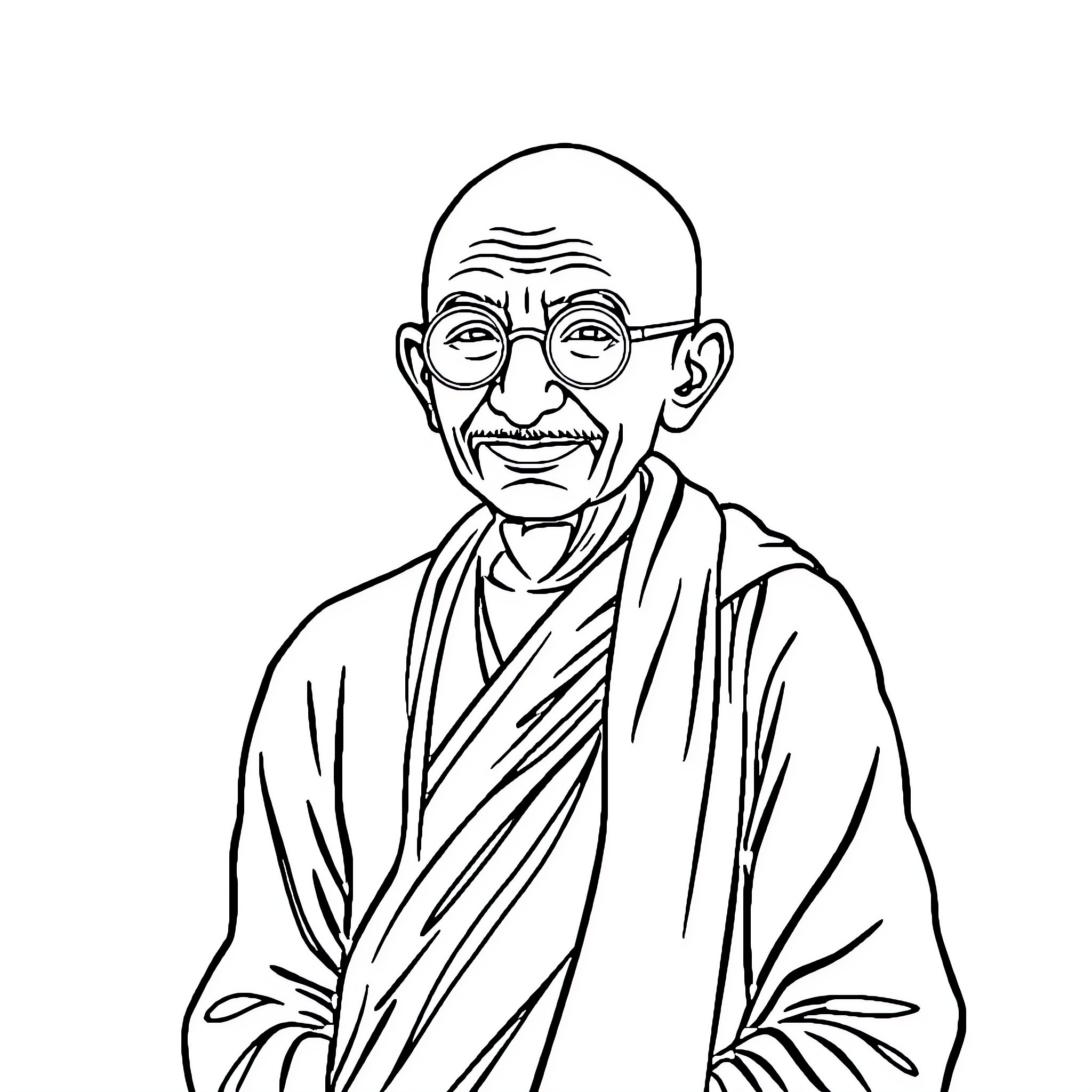 Gandhi in Thoughtful Pose with Glasses Coloring Page (free black-and-white line drawing printable PDF for all, from beginners to advanced learners, including children, teens, adults, and seniors)