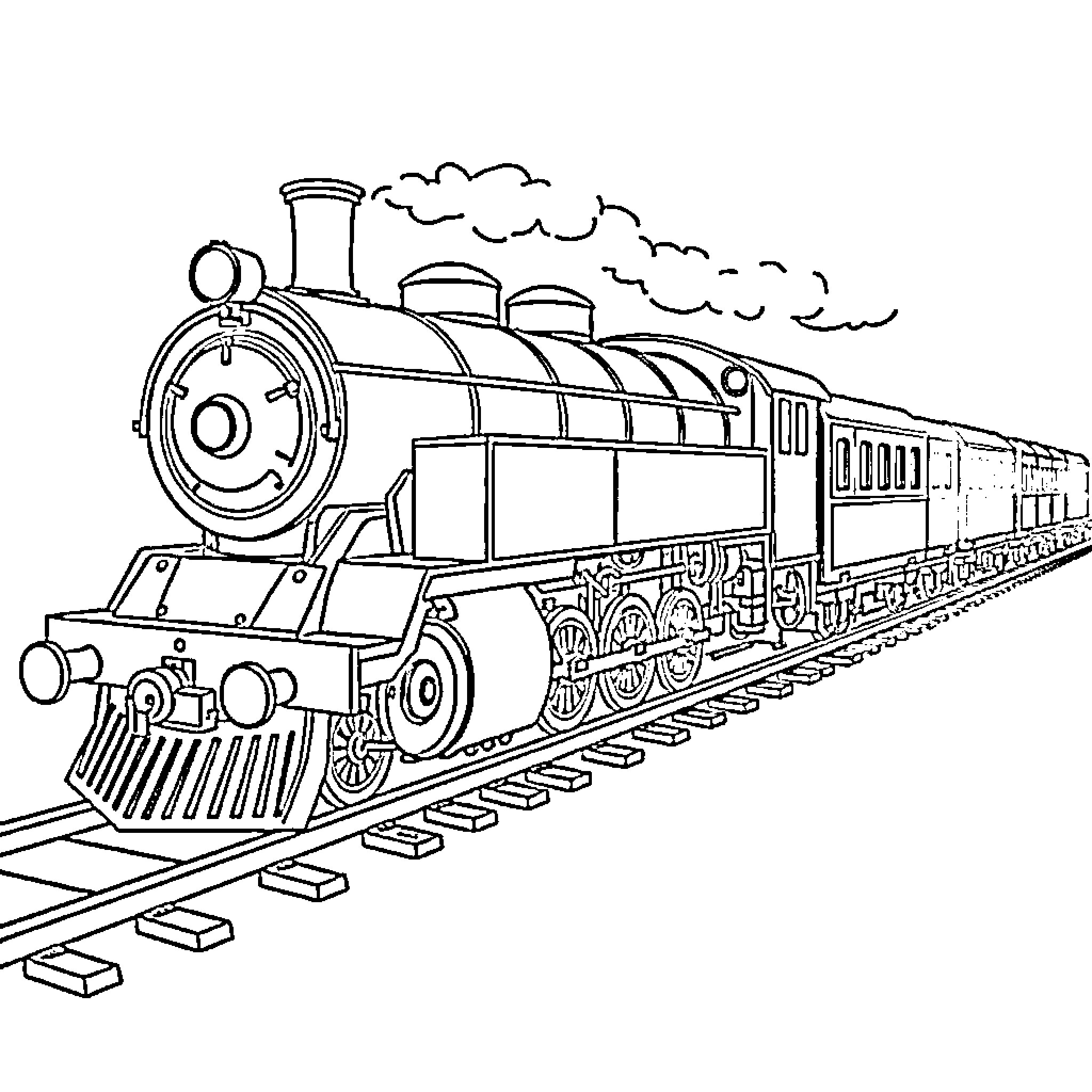 Steam Engine Locomotive Traversing Railway Track Coloring Page (free black-and-white line drawing printable PDF for all, from beginners to advanced learners, including children, teens, adults, and seniors)
