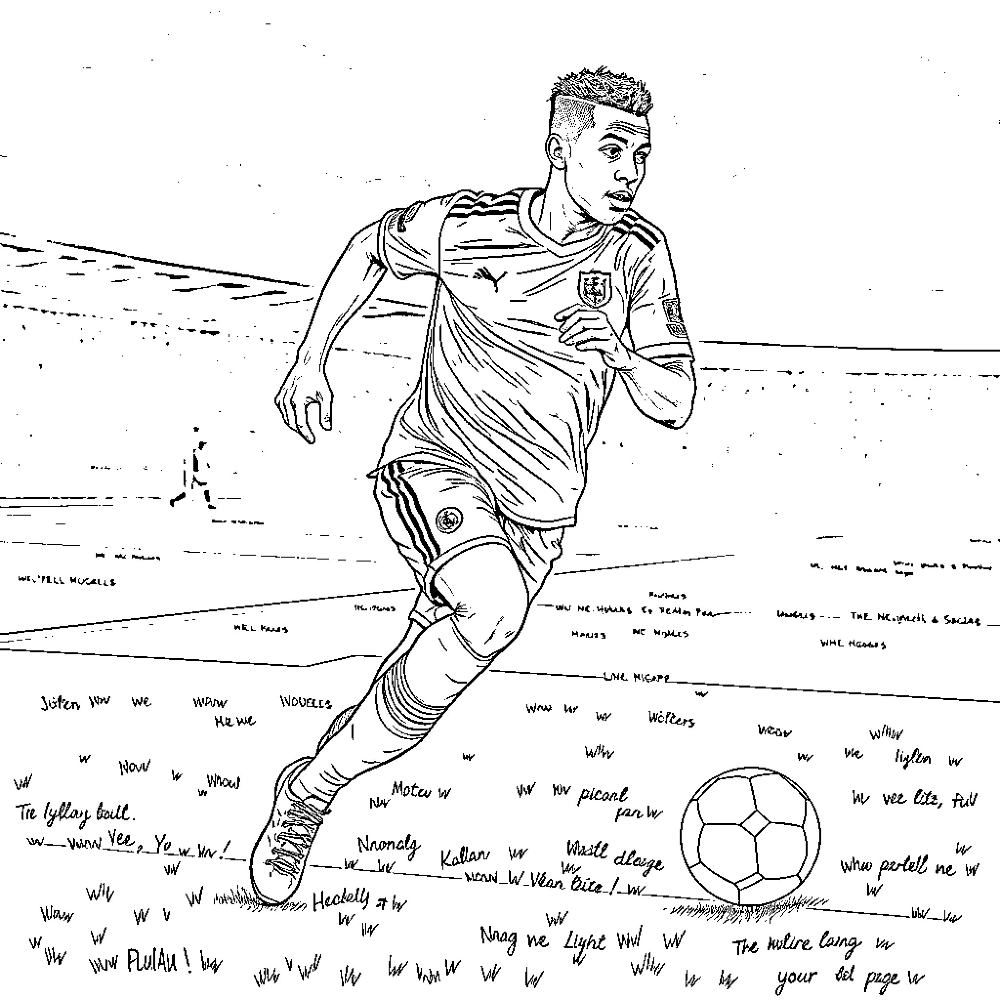Kylian Mbappe chasing the ball on the field Coloring Page (free black-and-white line drawing printable PDF for all, from beginners to advanced learners, including children, teens, adults, and seniors)