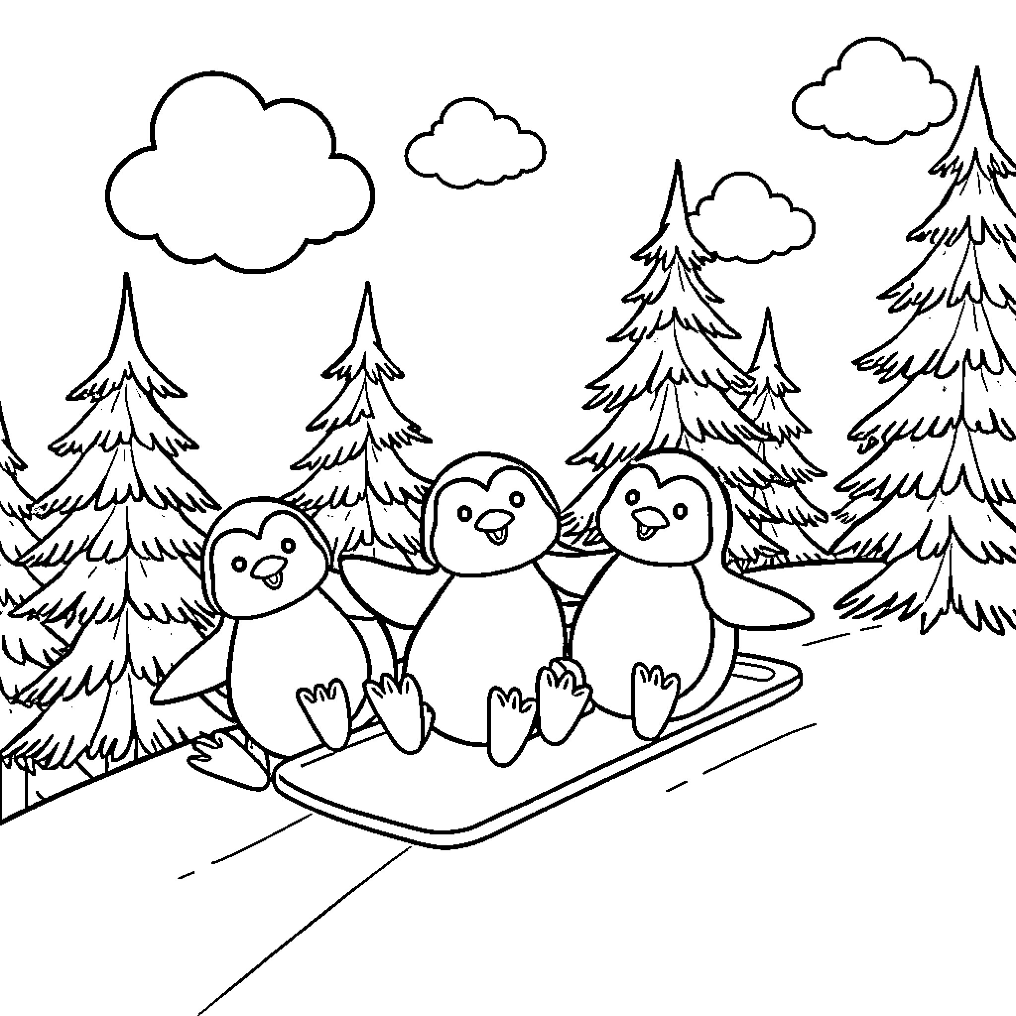 Penguin friends sledding in snowy forest Coloring Page (free black-and-white line drawing printable PDF for all, from beginners to advanced learners, including children, teens, adults, and seniors)