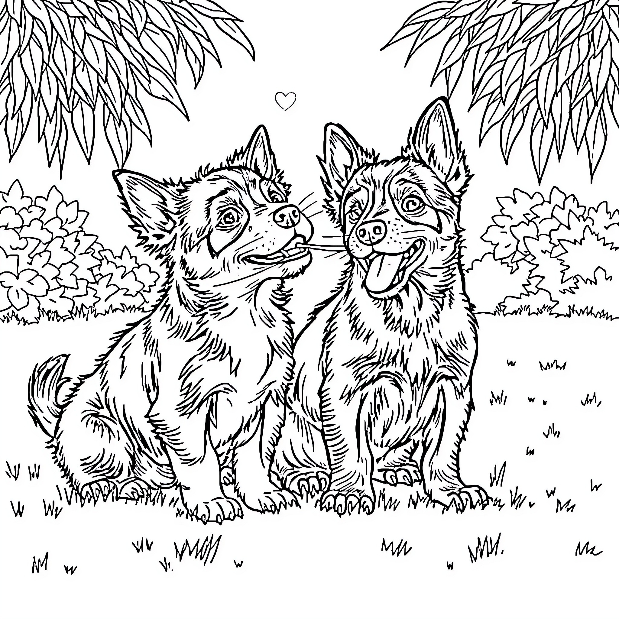Puppy friends playing happily in the garden Coloring Page (free black-and-white line drawing printable PDF for all, from beginners to advanced learners, including children, teens, adults, and seniors)