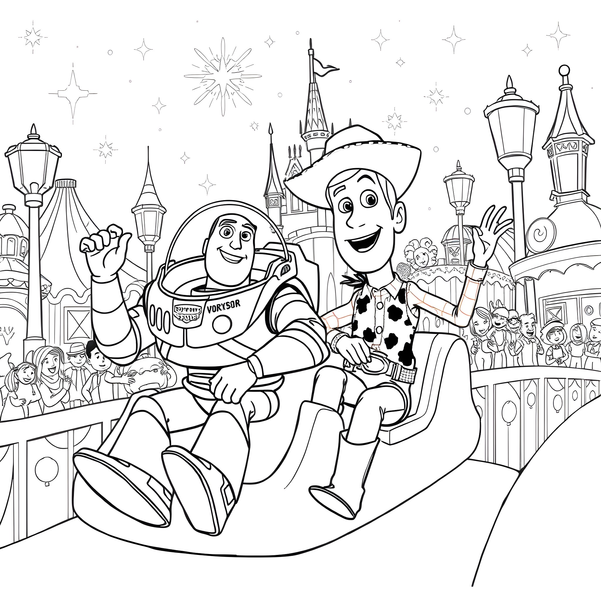 Buzz and Woody exploring the magical city Coloring Page (free black-and-white line drawing printable PDF for all, from beginners to advanced learners, including children, teens, adults, and seniors)