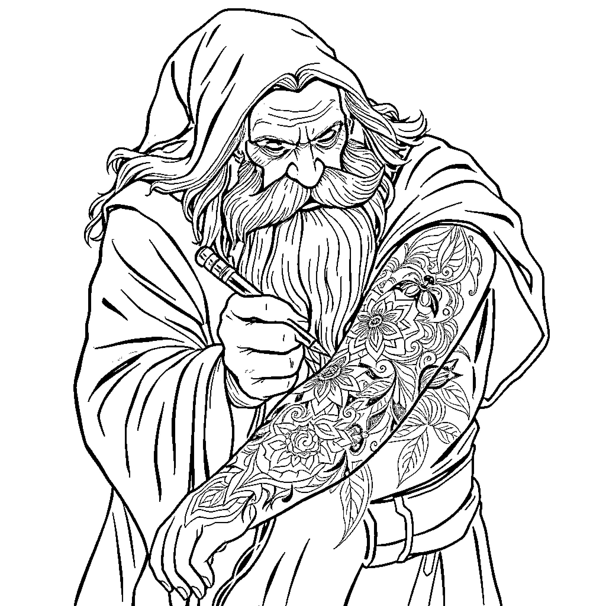 Wizard casting a mystical spell with intricate tattoos Coloring Page (free black-and-white line drawing printable PDF for all, from beginners to advanced learners, including children, teens, adults, and seniors)