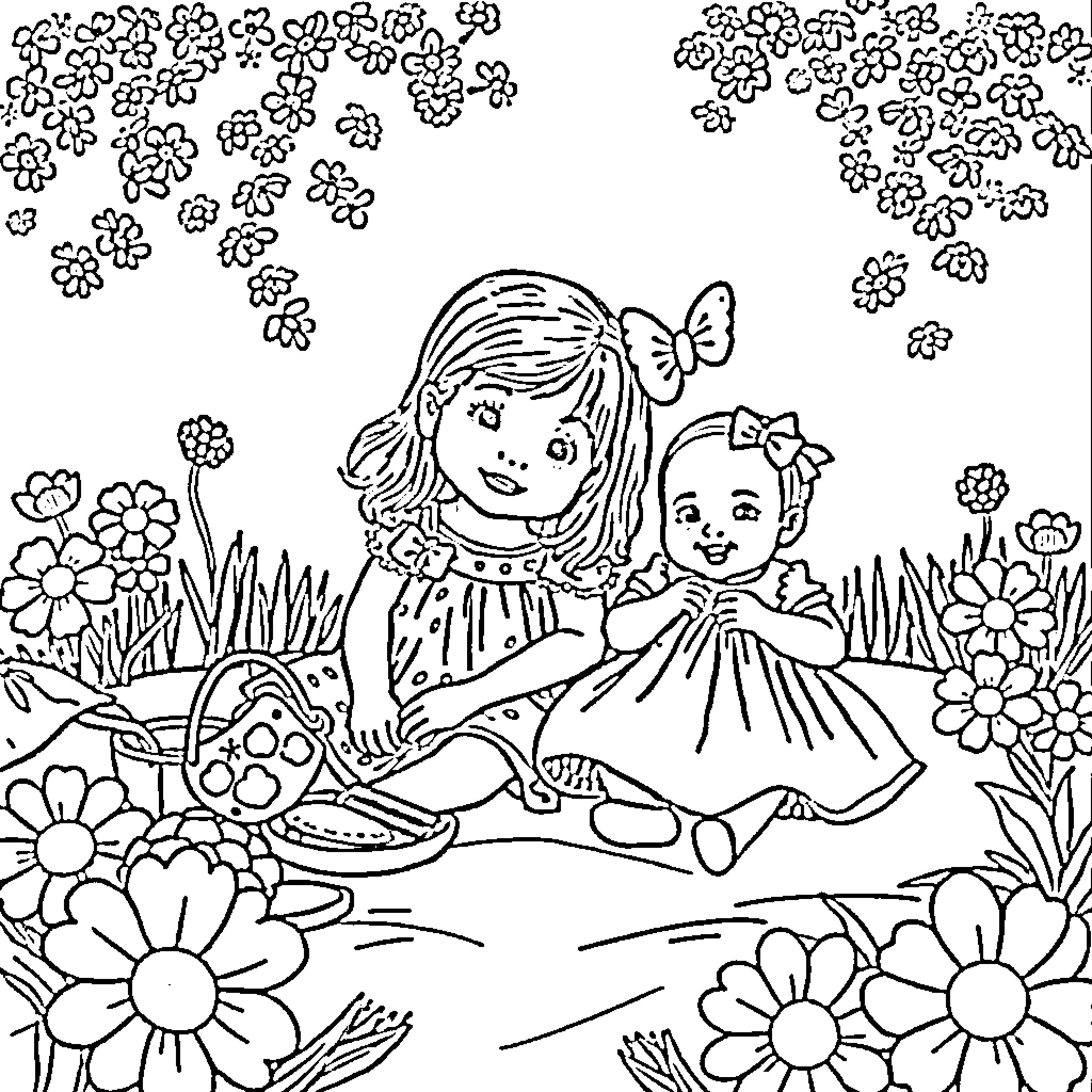 Girl enjoying the outdoors with her companion Coloring Page (free black-and-white line drawing printable PDF for all, from beginners to advanced learners, including children, teens, adults, and seniors)