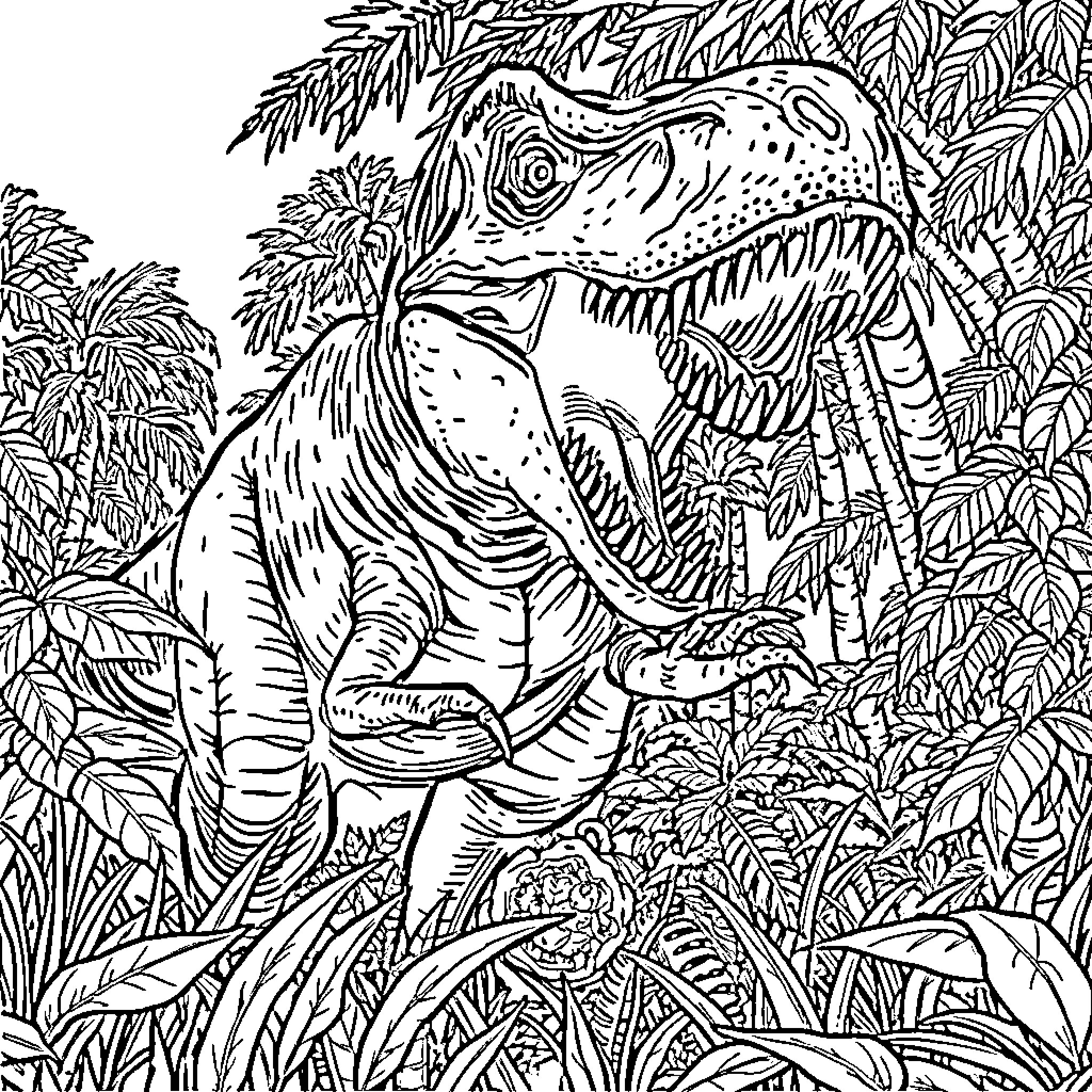 T-Rex roaring in lush jungle scenery Coloring Page (free black-and-white line drawing printable PDF for all, from beginners to advanced learners, including children, teens, adults, and seniors)
