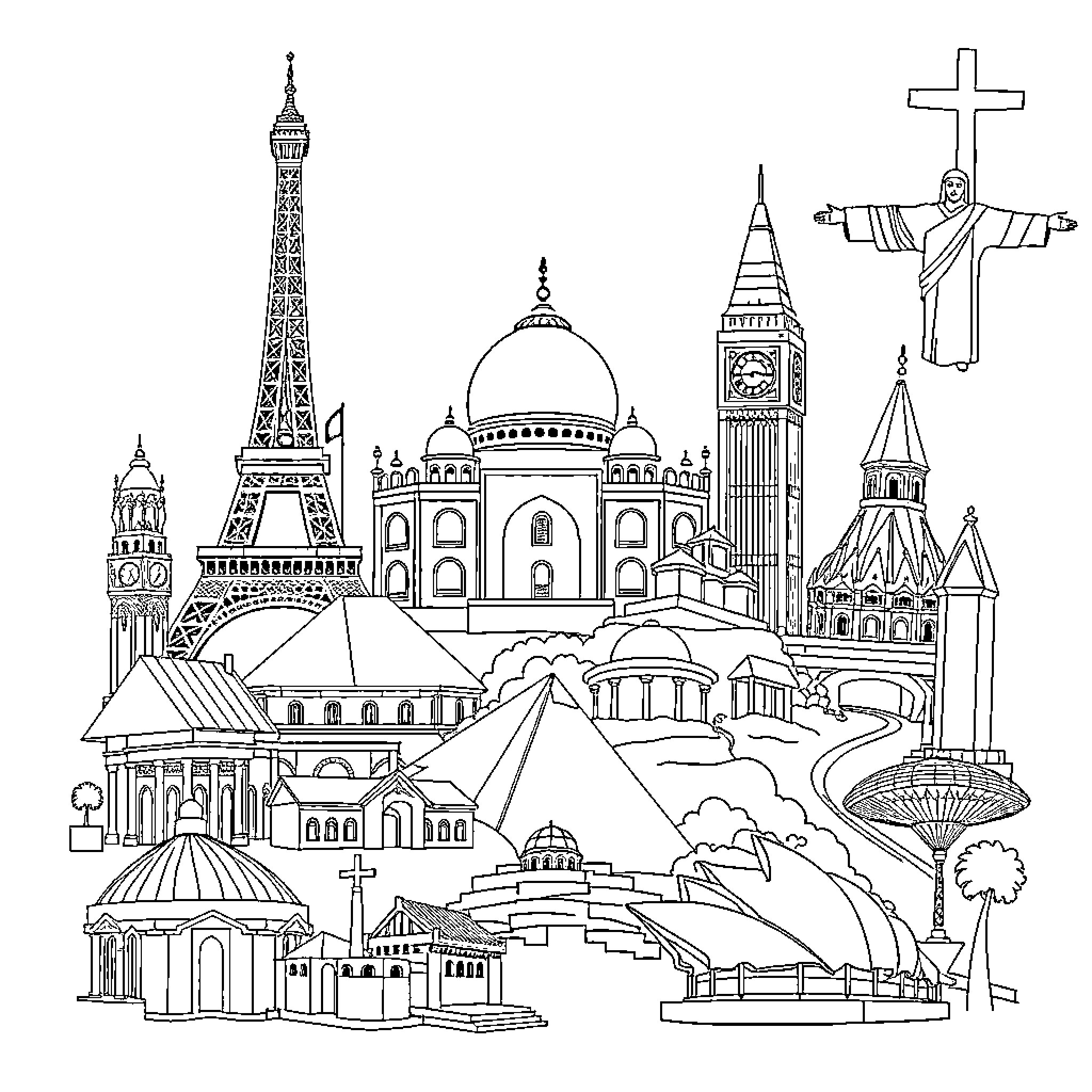 Monument of renowned architectural landmarks around the world Coloring Page (free black-and-white line drawing printable PDF for all, from beginners to advanced learners, including children, teens, adults, and seniors)
