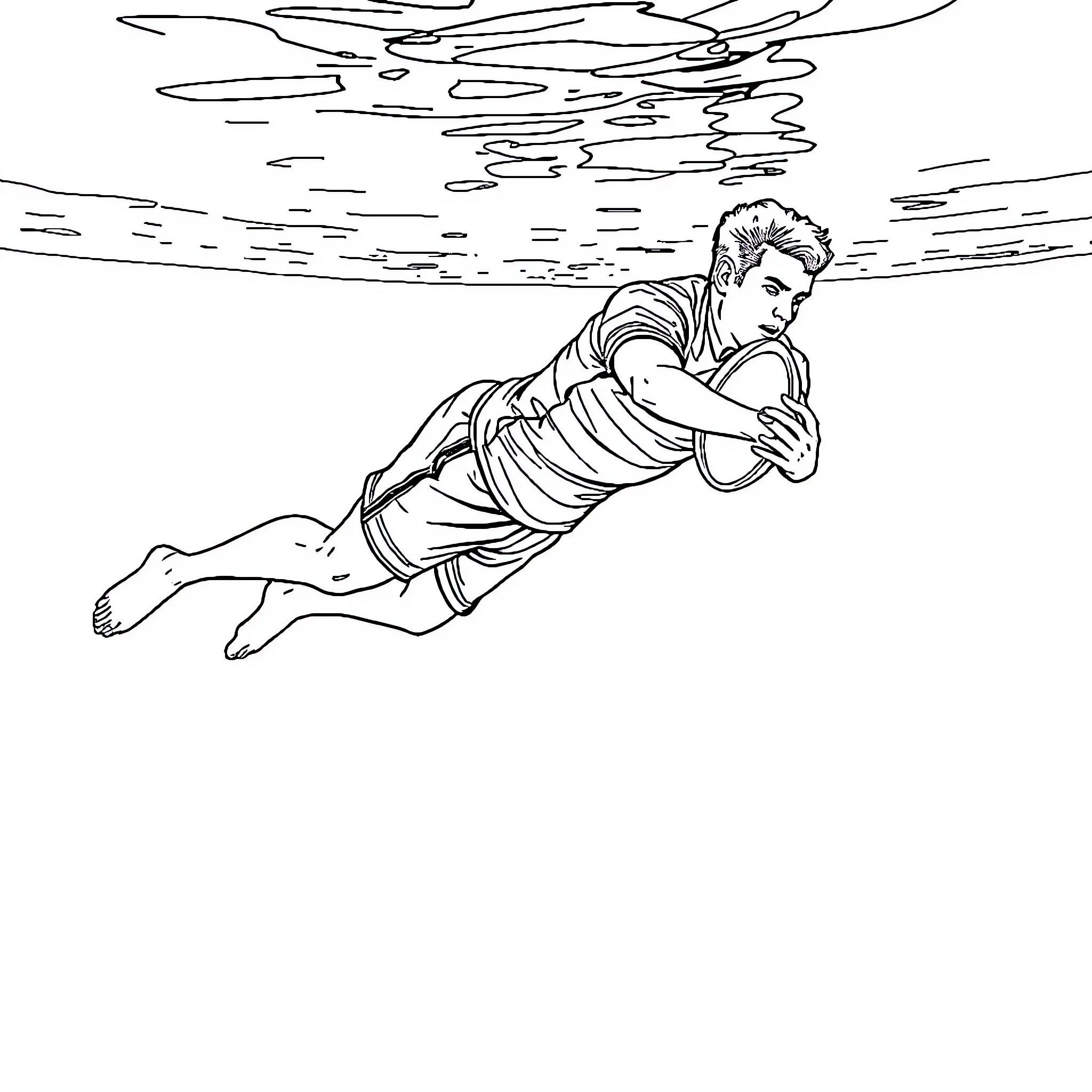 Rugby Player diving for the ball in the air Coloring Page (free black-and-white line drawing printable PDF for all, from beginners to advanced learners, including children, teens, adults, and seniors)