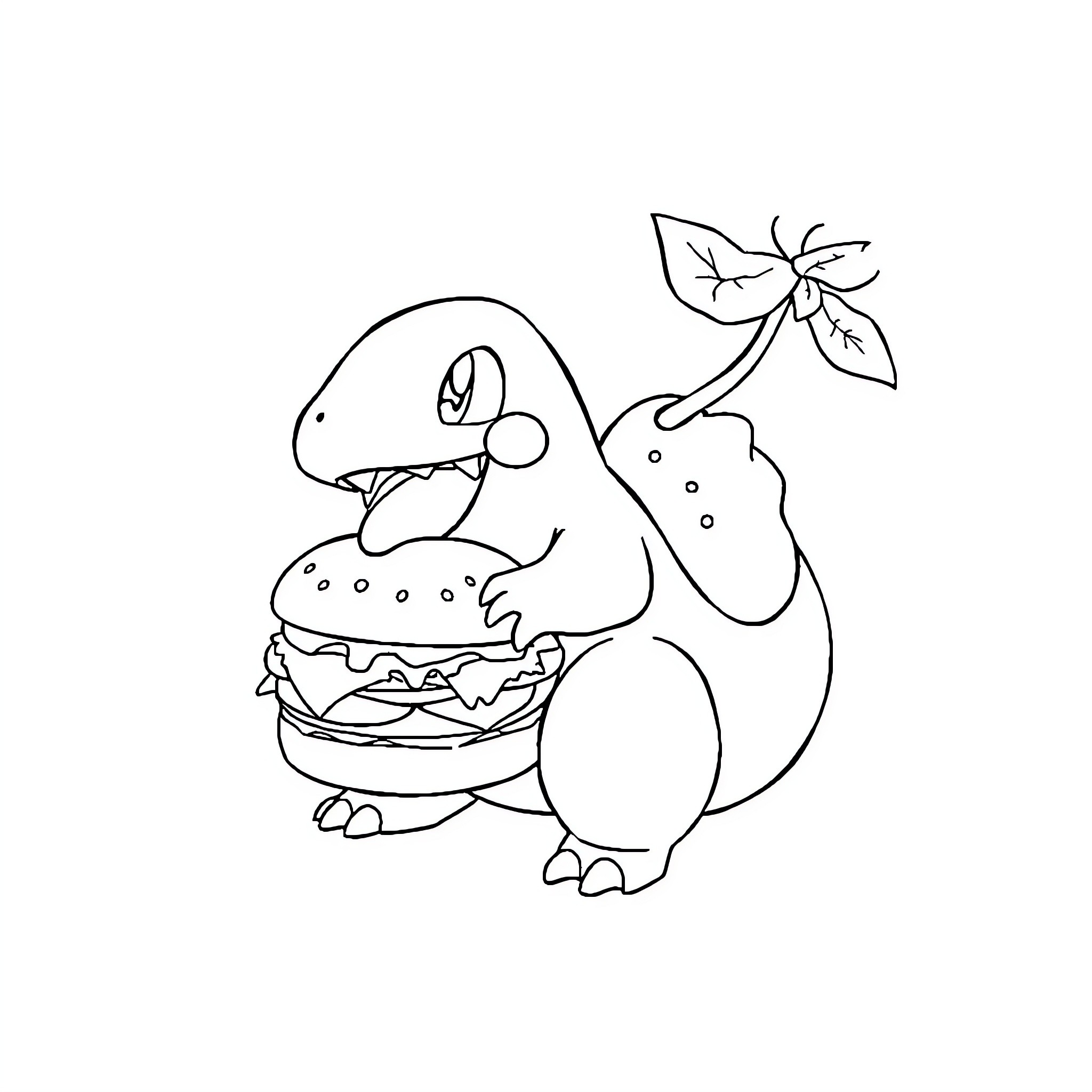 Bulbizard enjoying a tasty burger Coloring Page (free black-and-white line drawing printable PDF for all, from beginners to advanced learners, including children, teens, adults, and seniors)