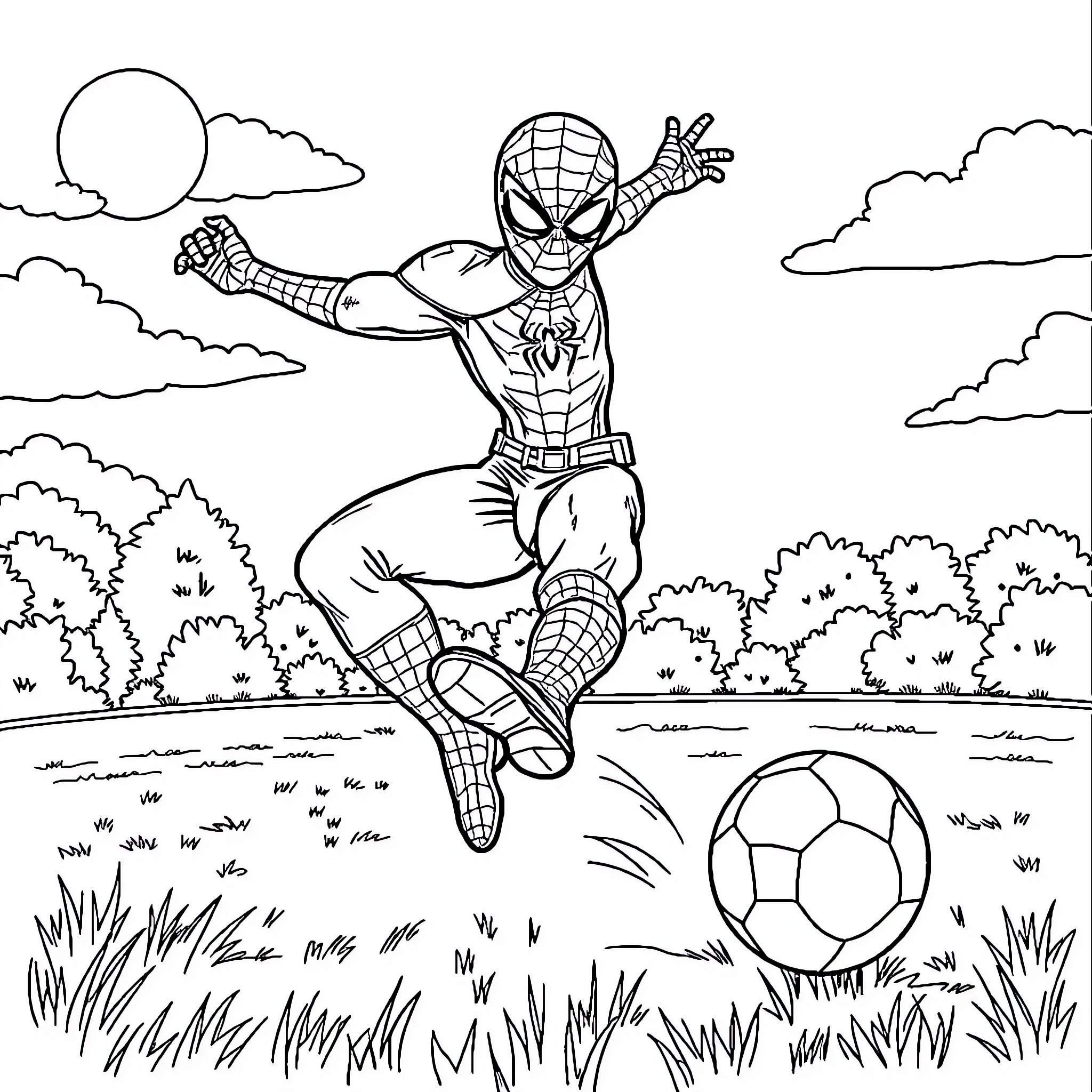 Spider-Man jumping with soccer ball in the park Coloring Page (free black-and-white line drawing printable PDF for all, from beginners to advanced learners, including children, teens, adults, and seniors)