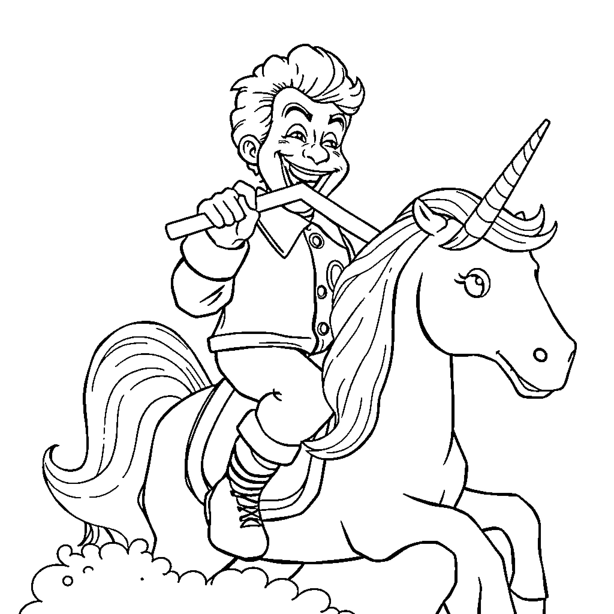 Ronald McDonald riding a unicorn with a pipe Coloring Page (free black-and-white line drawing printable PDF for all, from beginners to advanced learners, including children, teens, adults, and seniors)