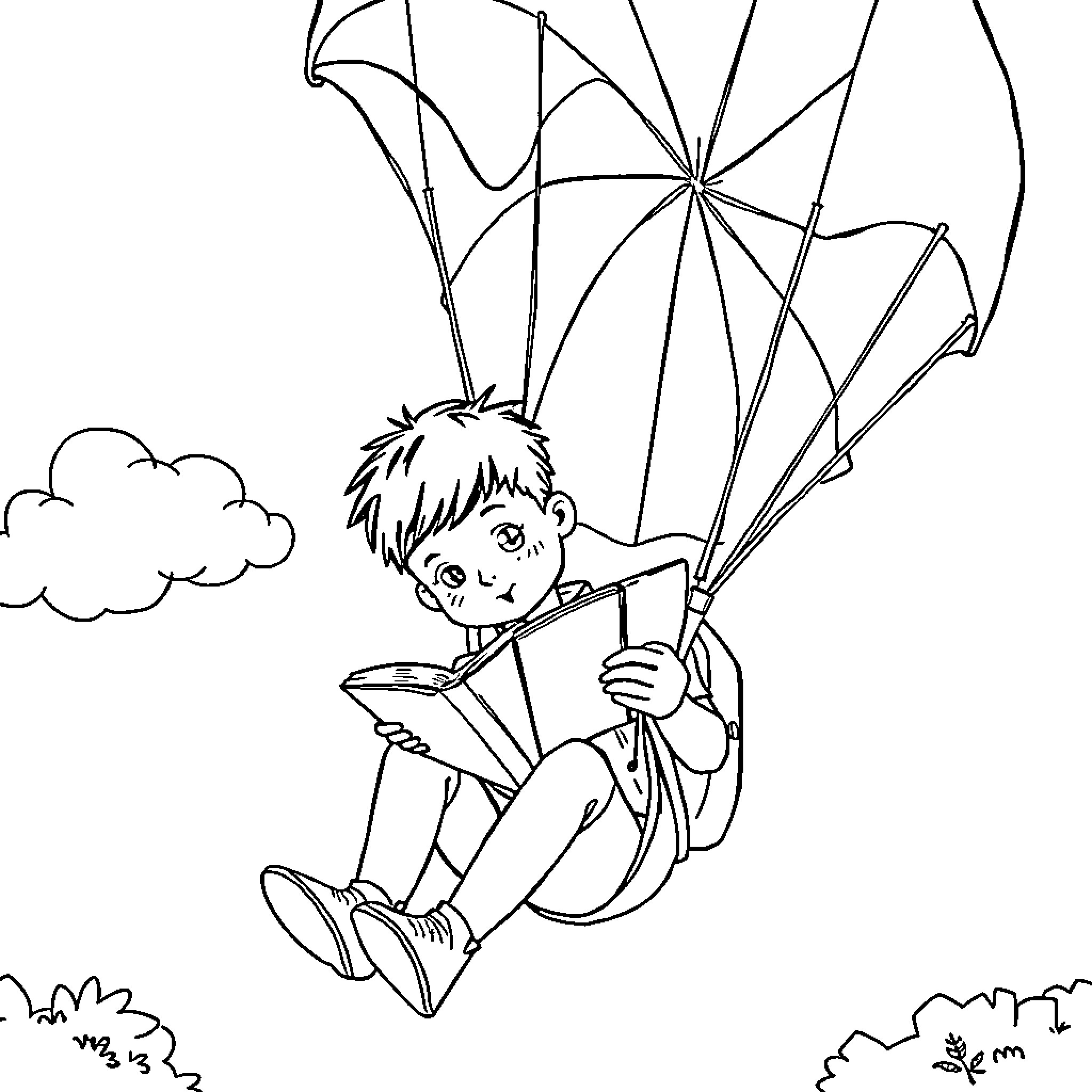 Student enjoying a parachute jump in the clouds Coloring Page (free black-and-white line drawing printable PDF for all, from beginners to advanced learners, including children, teens, adults, and seniors)
