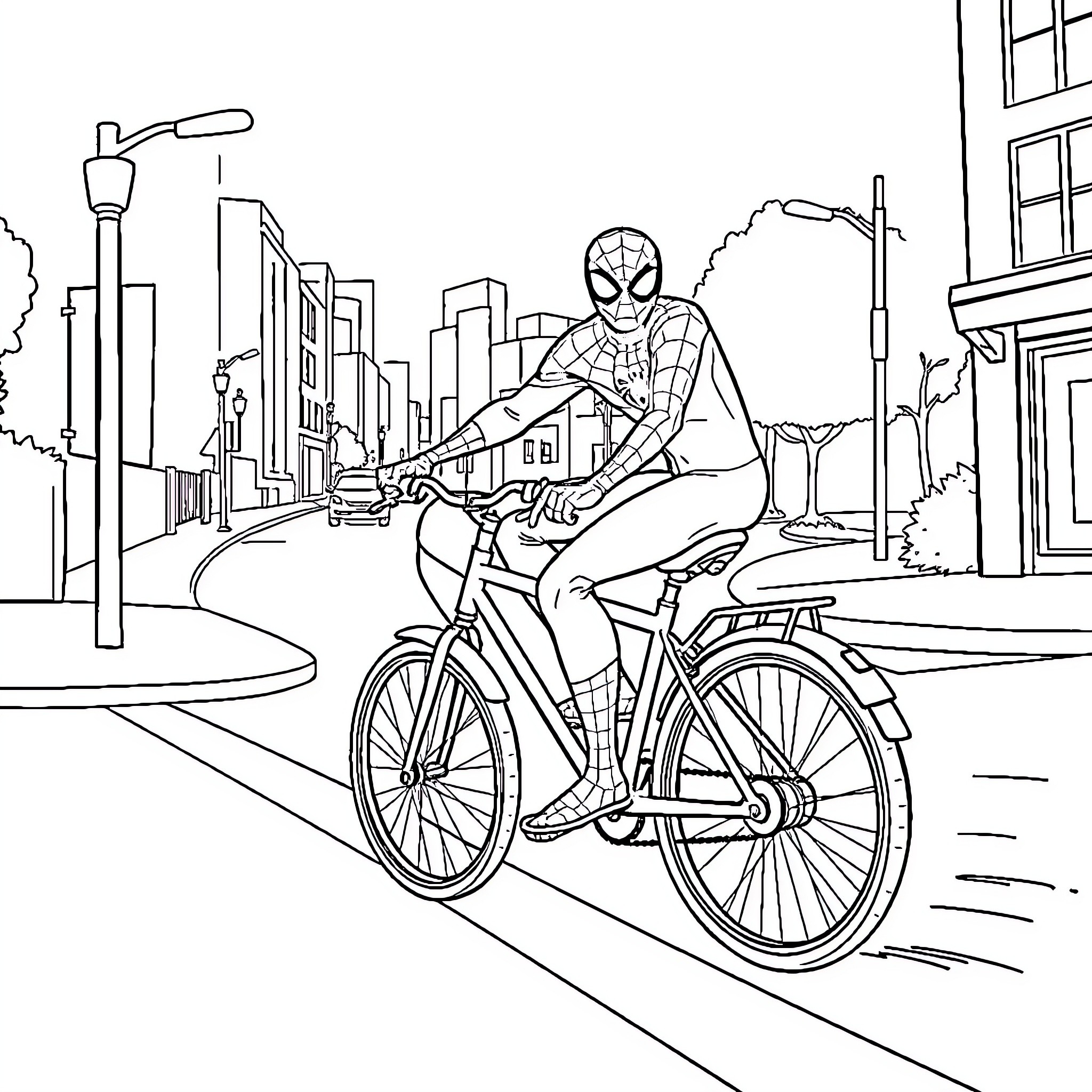 Spiderman on a bicycle in the city Coloring Page (free black-and-white line drawing printable PDF for all, from beginners to advanced learners, including children, teens, adults, and seniors)