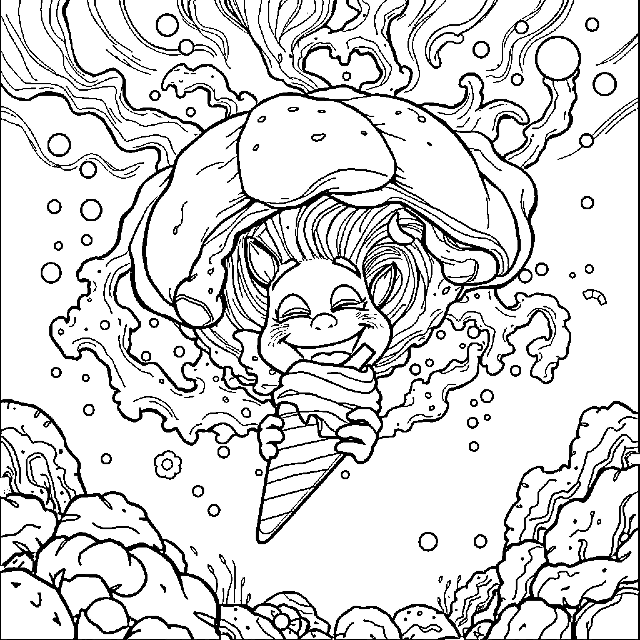 Storm of imagination in a whimsical world Coloring Page (free black-and-white line drawing printable PDF for all, from beginners to advanced learners, including children, teens, adults, and seniors)