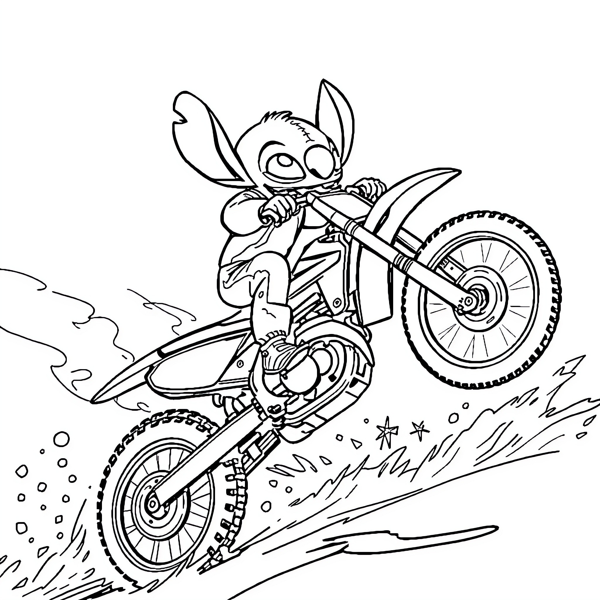 Stitch riding a motorcycle across the terrain Coloring Page (free black-and-white line drawing printable PDF for all, from beginners to advanced learners, including children, teens, adults, and seniors)