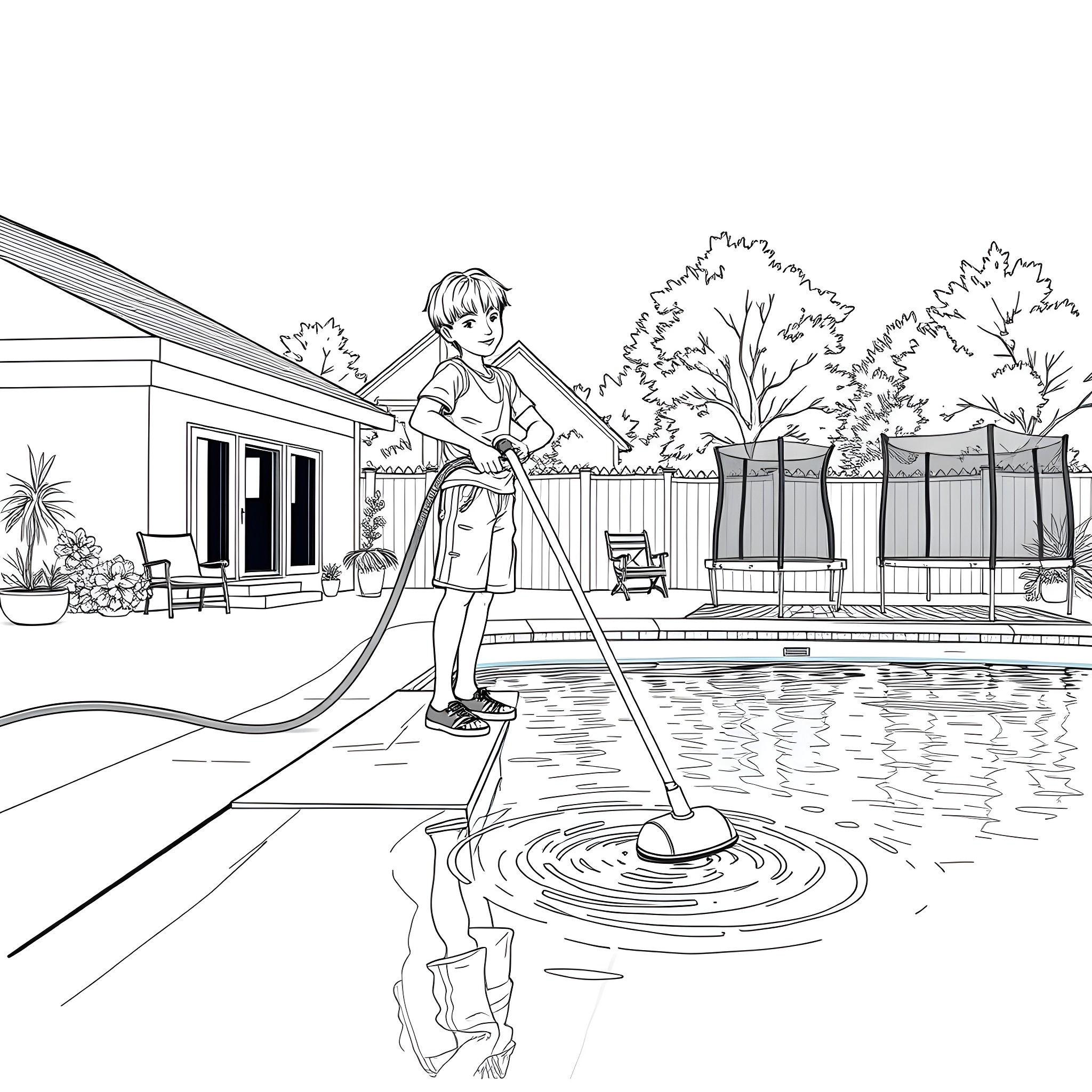 Teen Guy Cleaning Pool in His Backyard Coloring Page (free black-and-white line drawing printable PDF for all, from beginners to advanced learners, including children, teens, adults, and seniors)