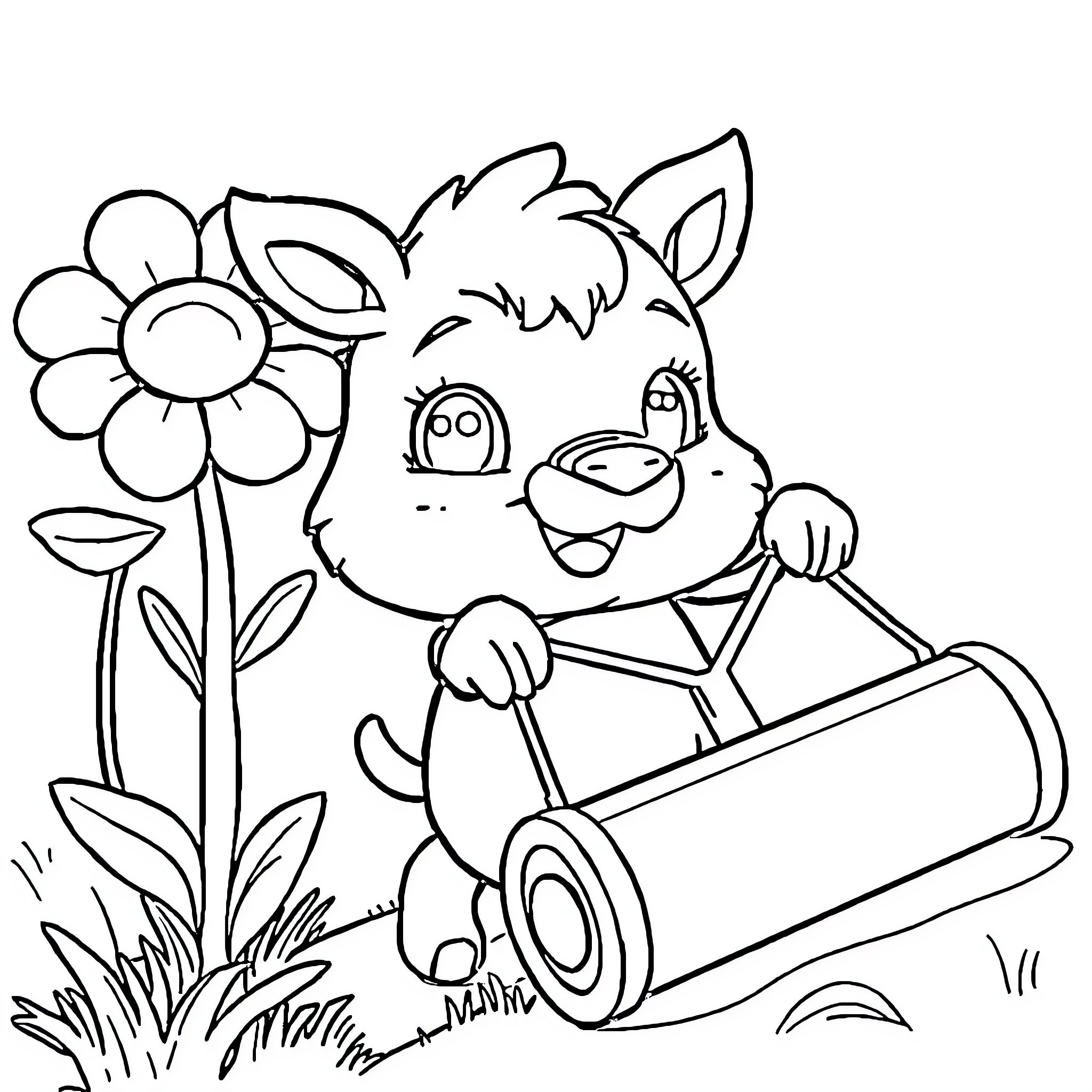 Löwenzähnchen playing happily with flower in the garden Coloring Page (free black-and-white line drawing printable PDF for all, from beginners to advanced learners, including children, teens, adults, and seniors)