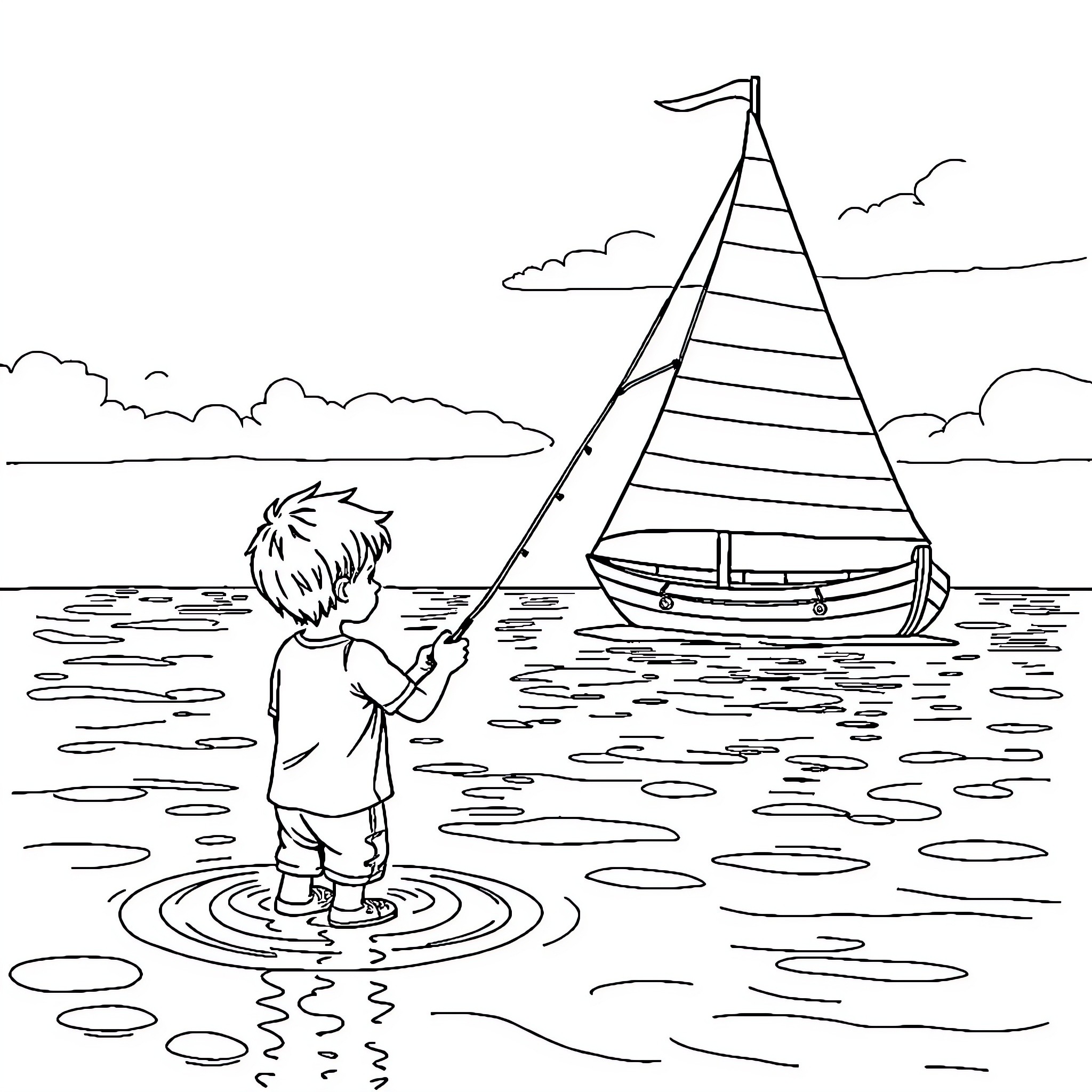 Boy enjoying sailing on a lake Coloring Page (free black-and-white line drawing printable PDF for all, from beginners to advanced learners, including children, teens, adults, and seniors)