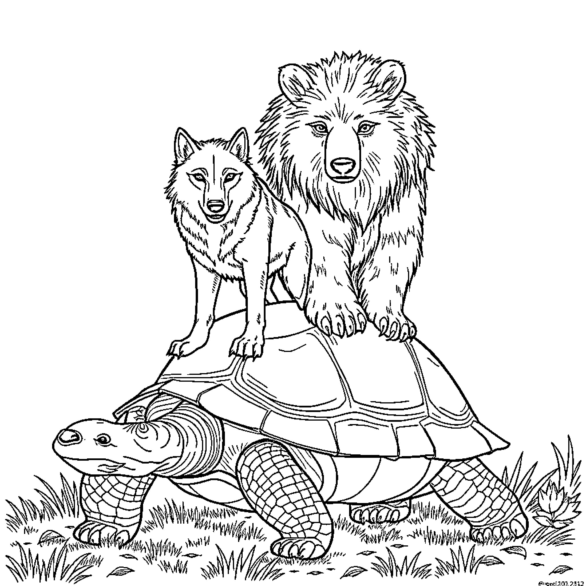 Wolf and Bear Standing on a Tortoise in Nature Coloring Page (free black-and-white line drawing printable PDF for all, from beginners to advanced learners, including children, teens, adults, and seniors)
