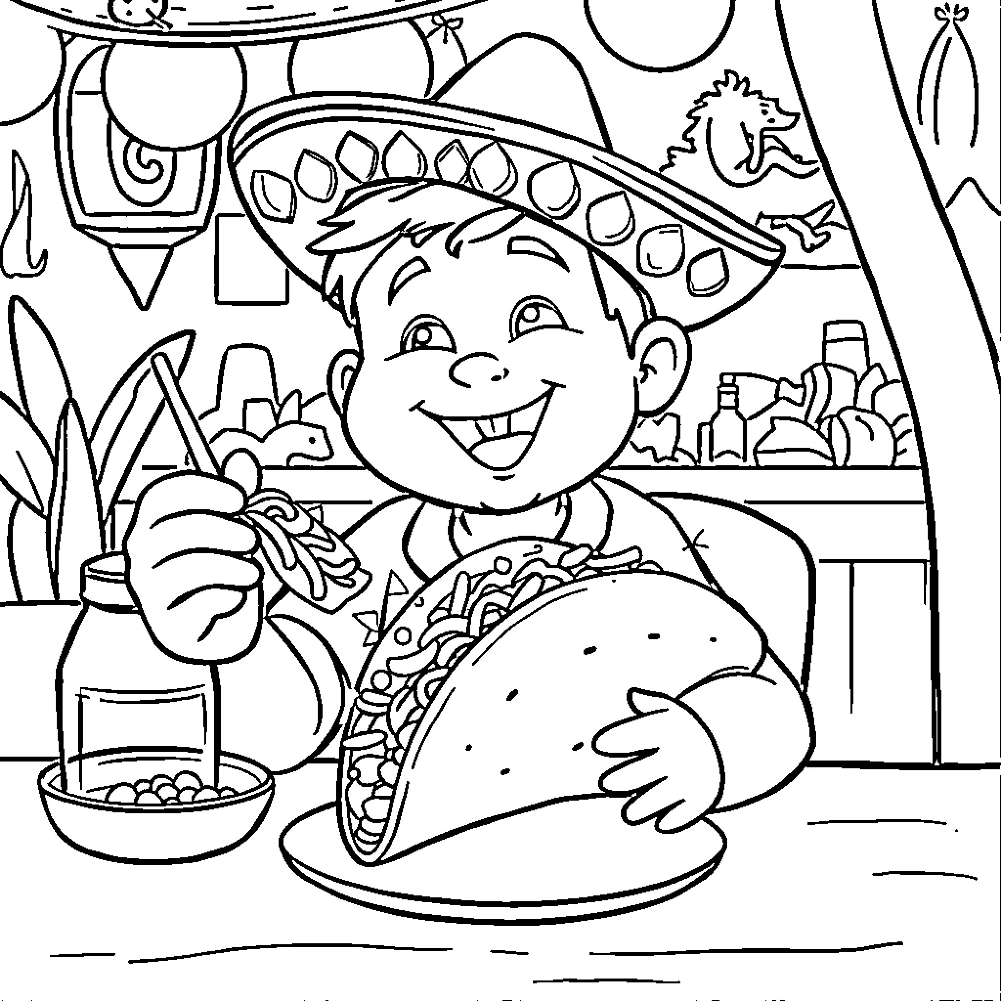 Boy enjoying a delicious taco in a Mexican-themed setting Coloring Page (free black-and-white line drawing printable PDF for all, from beginners to advanced learners, including children, teens, adults, and seniors)