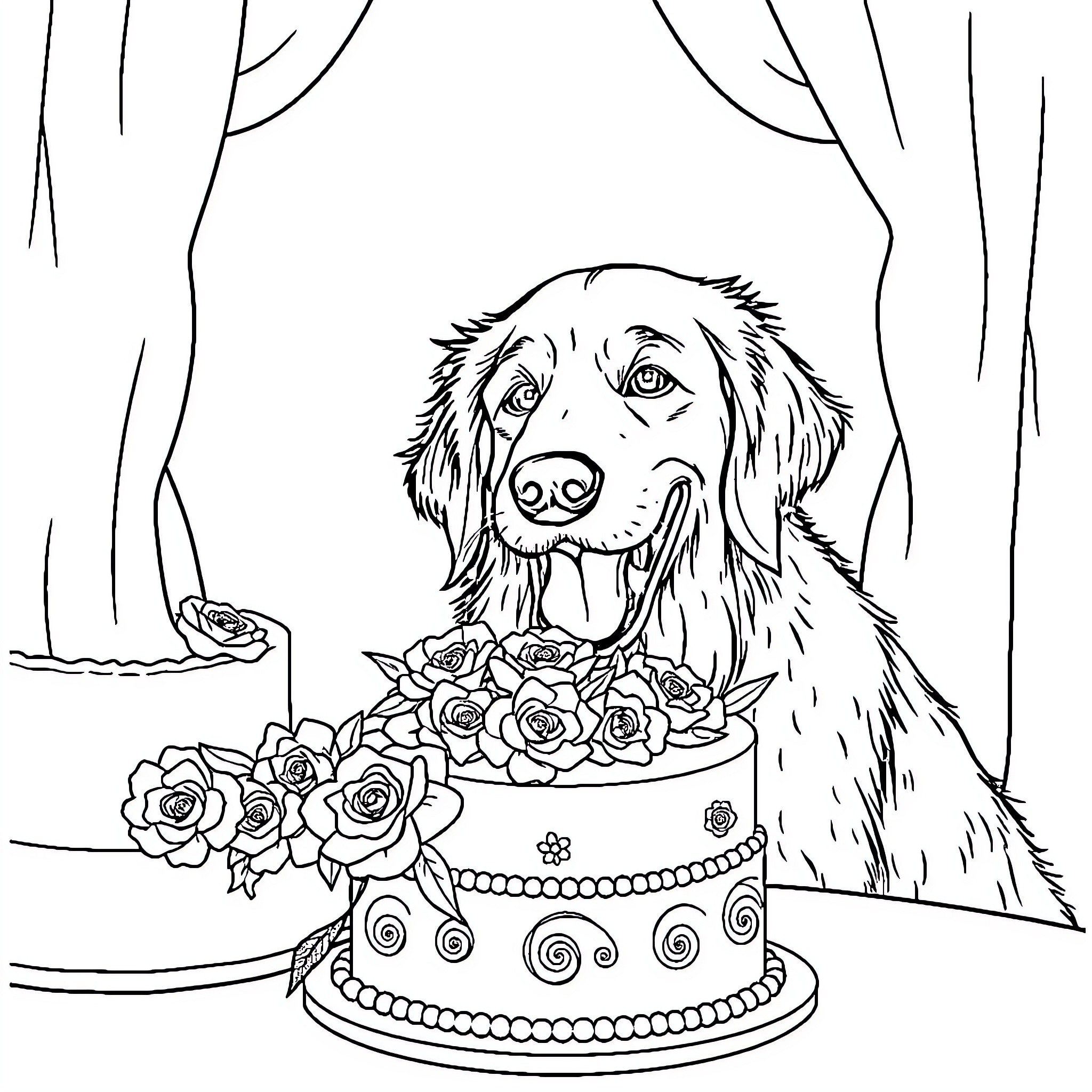 Golden Retriever Admiring Flowery Cake Coloring Page (free black-and-white line drawing printable PDF for all, from beginners to advanced learners, including children, teens, adults, and seniors)