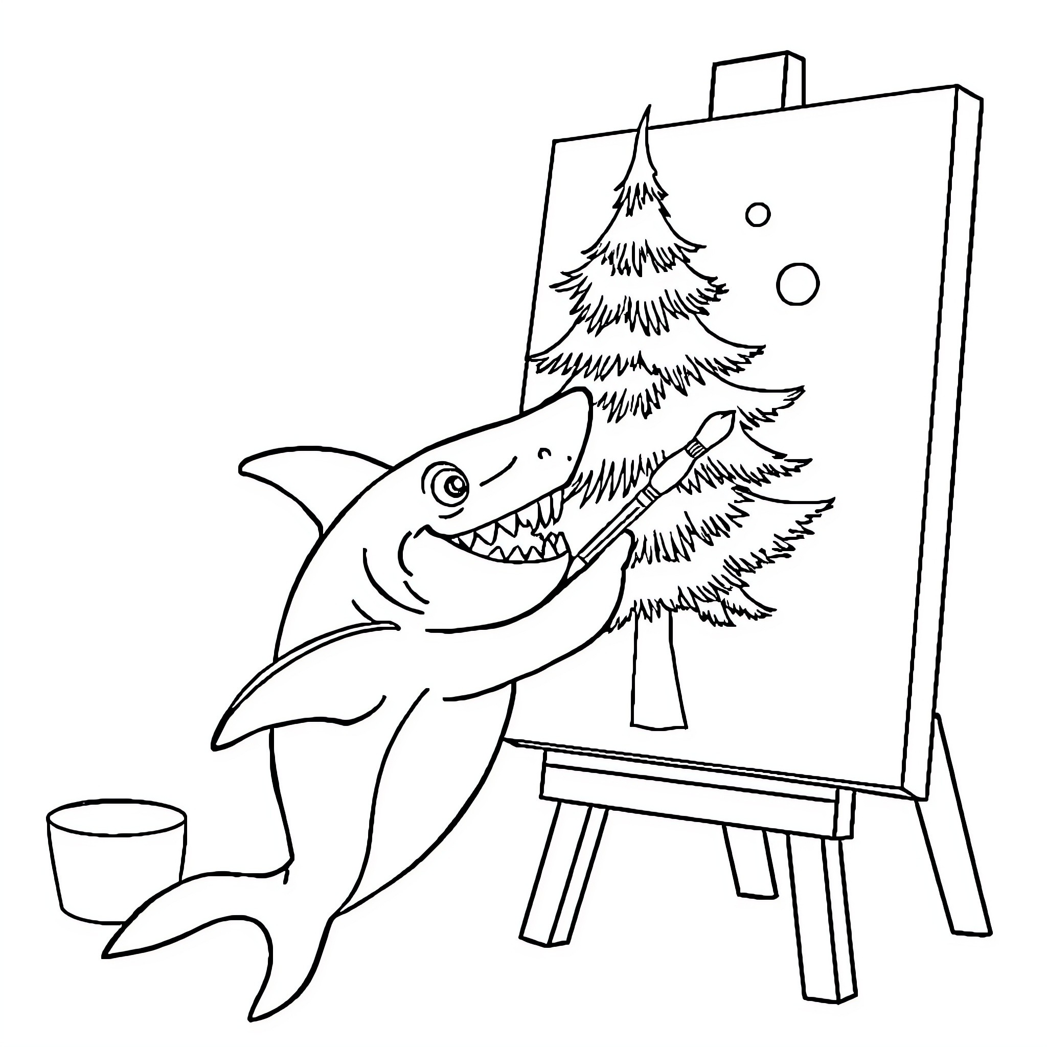 Shark painting a holiday tree Coloring Page (free black-and-white line drawing printable PDF for all, from beginners to advanced learners, including children, teens, adults, and seniors)
