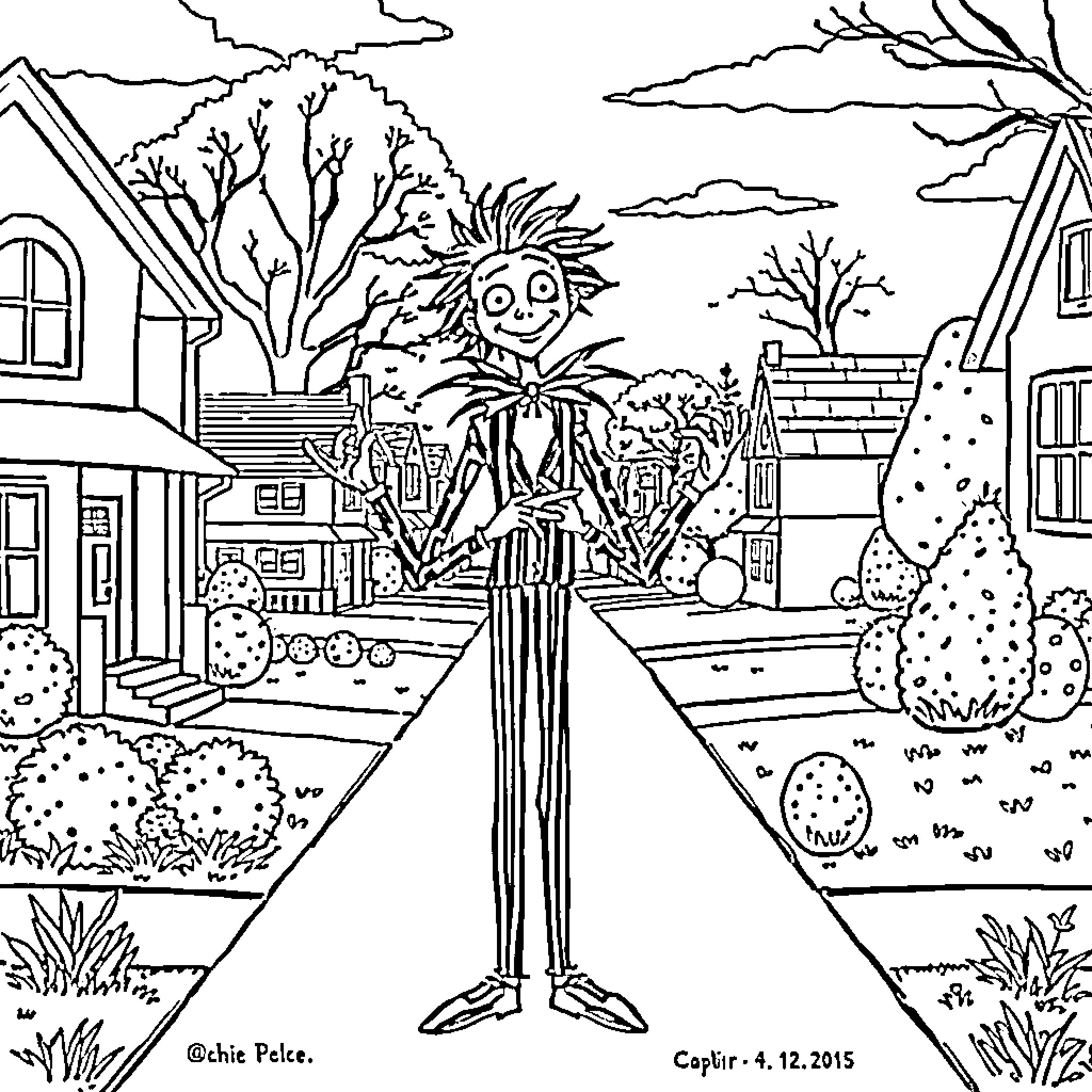 Edward Scissorhands exploring the suburban neighborhood Coloring Page (free black-and-white line drawing printable PDF for all, from beginners to advanced learners, including children, teens, adults, and seniors)