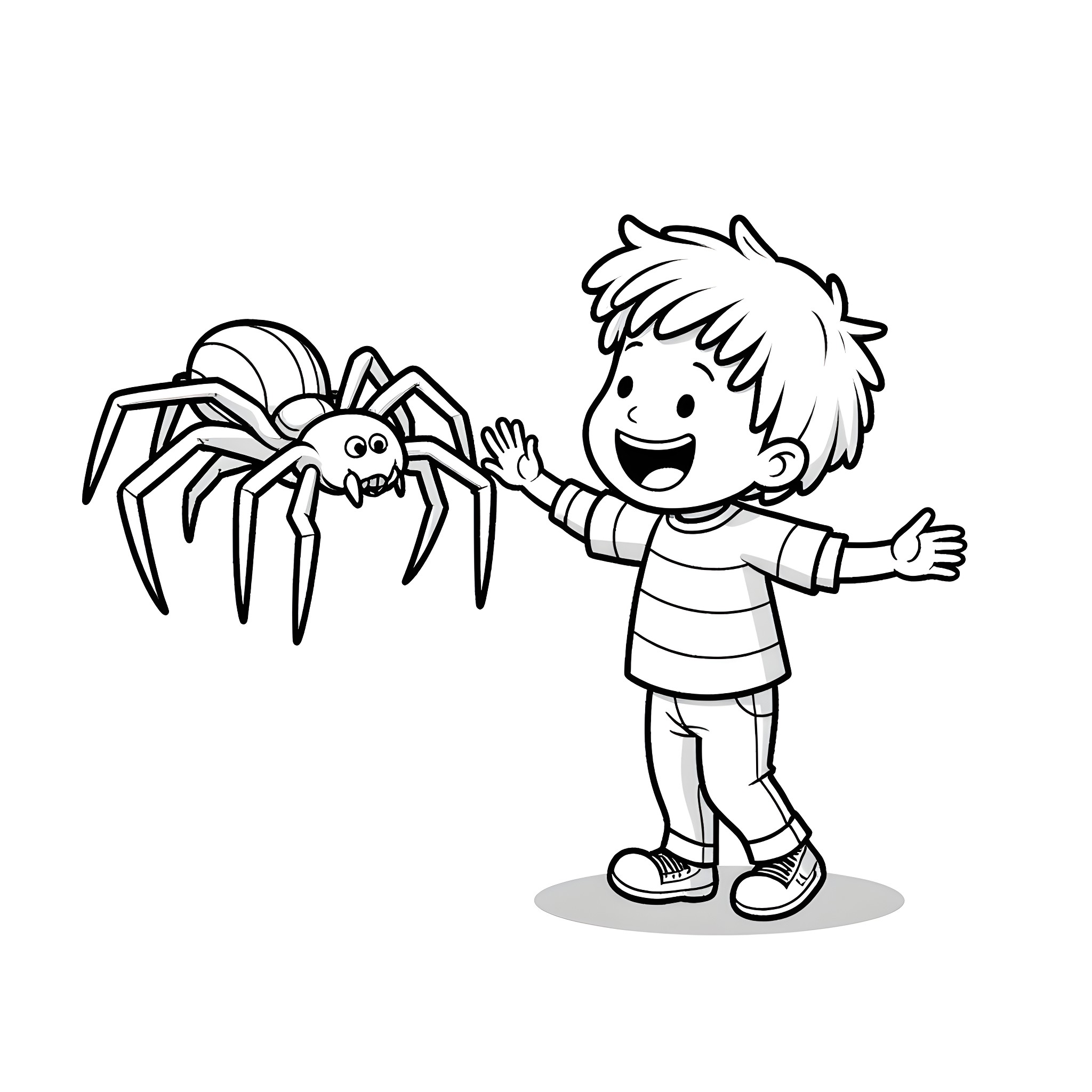 Spider-Loving Boy Plays Happily with Giant Arachnid Coloring Page (free black-and-white line drawing printable PDF for all, from beginners to advanced learners, including children, teens, adults, and seniors)