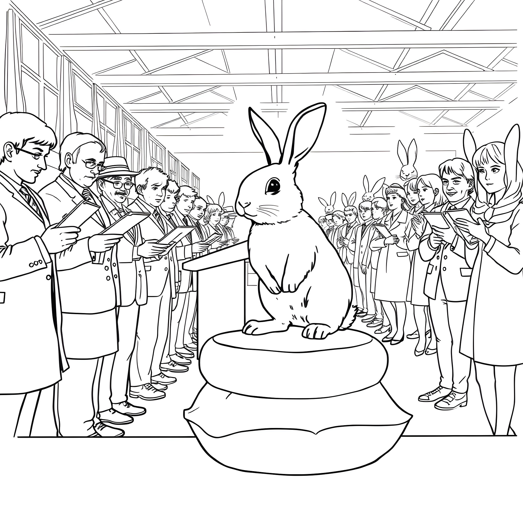 Rabbit Performing on Stage for Audience Coloring Page (free black-and-white line drawing printable PDF for all, from beginners to advanced learners, including children, teens, adults, and seniors)