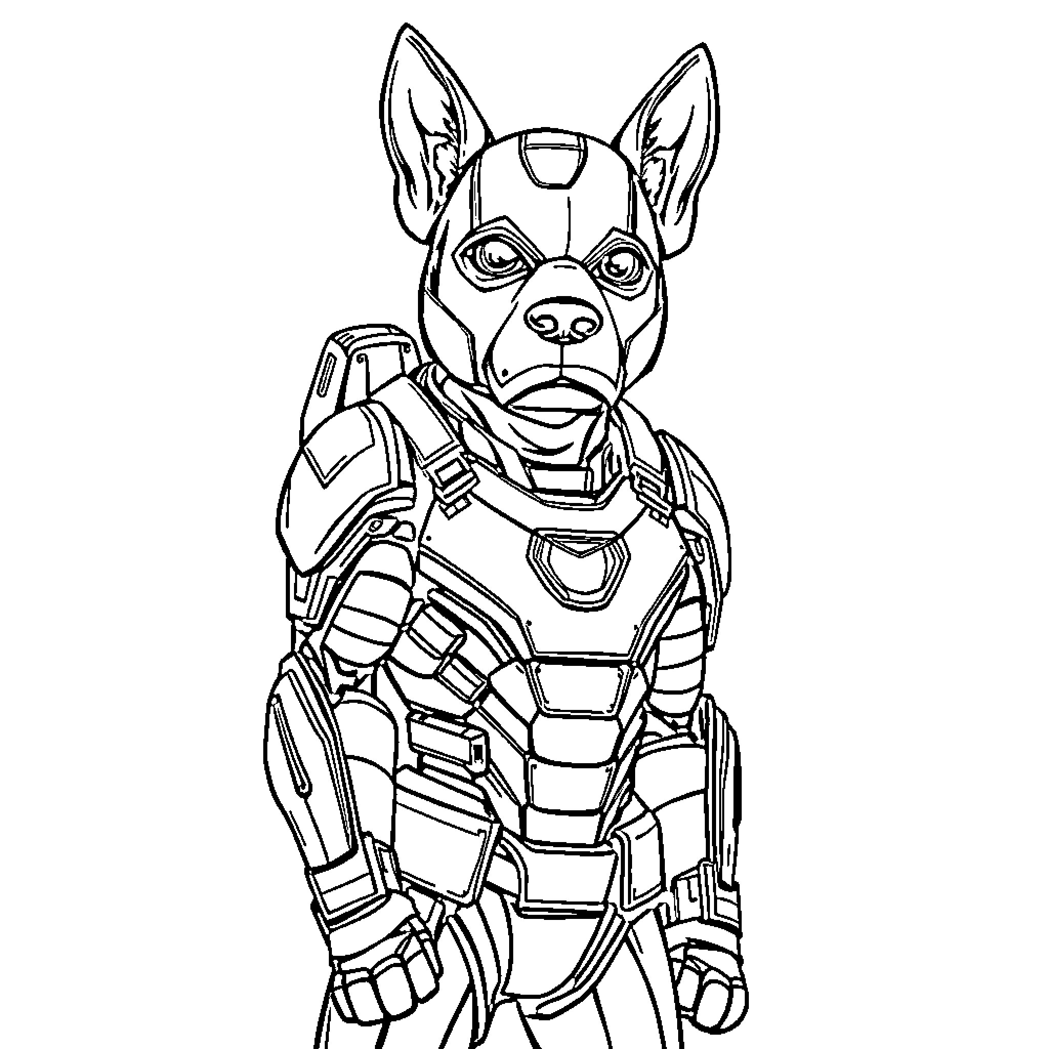 Paw Patrol Puppy in Futuristic Armored Suit Coloring Page (free black-and-white line drawing printable PDF for all, from beginners to advanced learners, including children, teens, adults, and seniors)