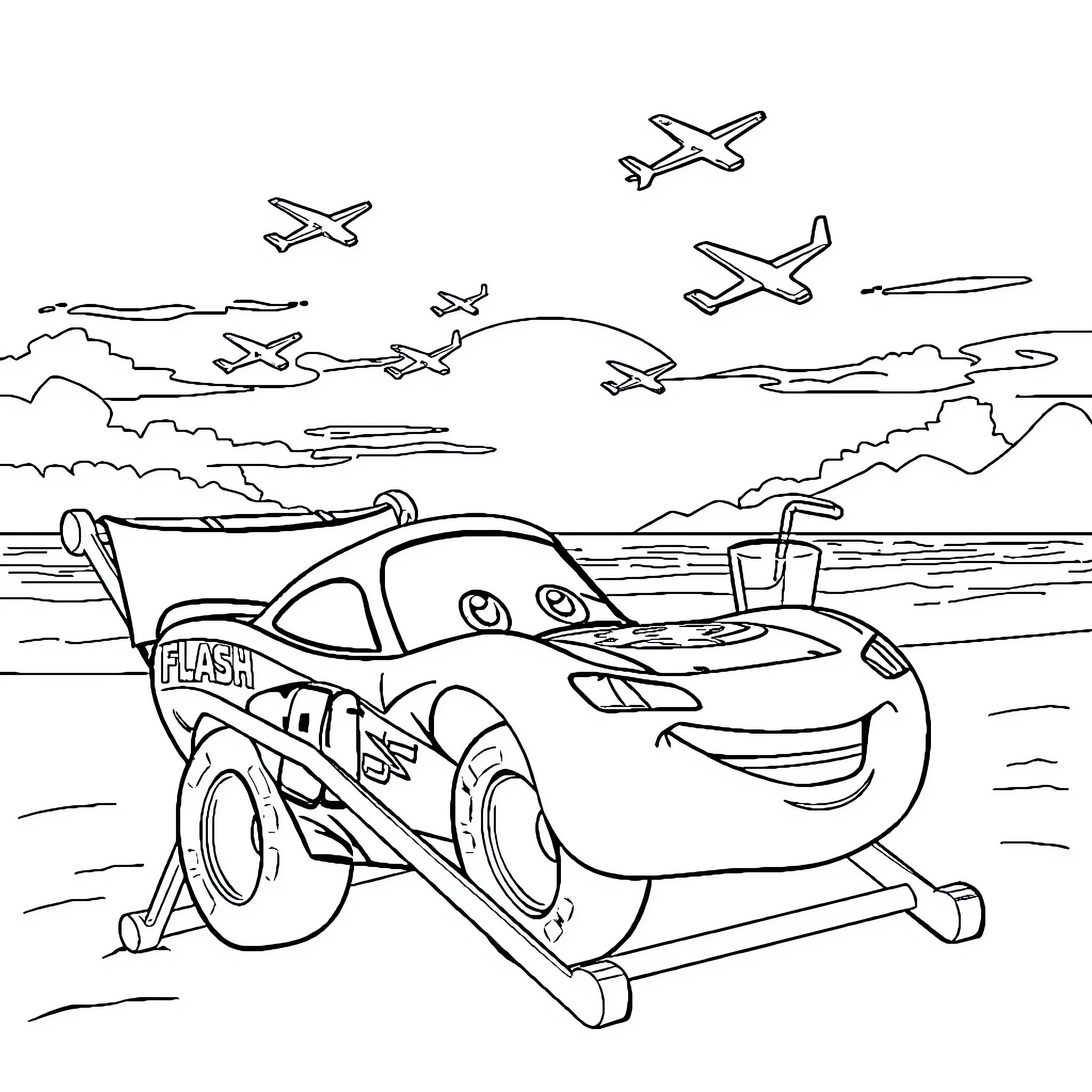 Cars in an aerial race over the ocean Coloring Page (free black-and-white line drawing printable PDF for all, from beginners to advanced learners, including children, teens, adults, and seniors)