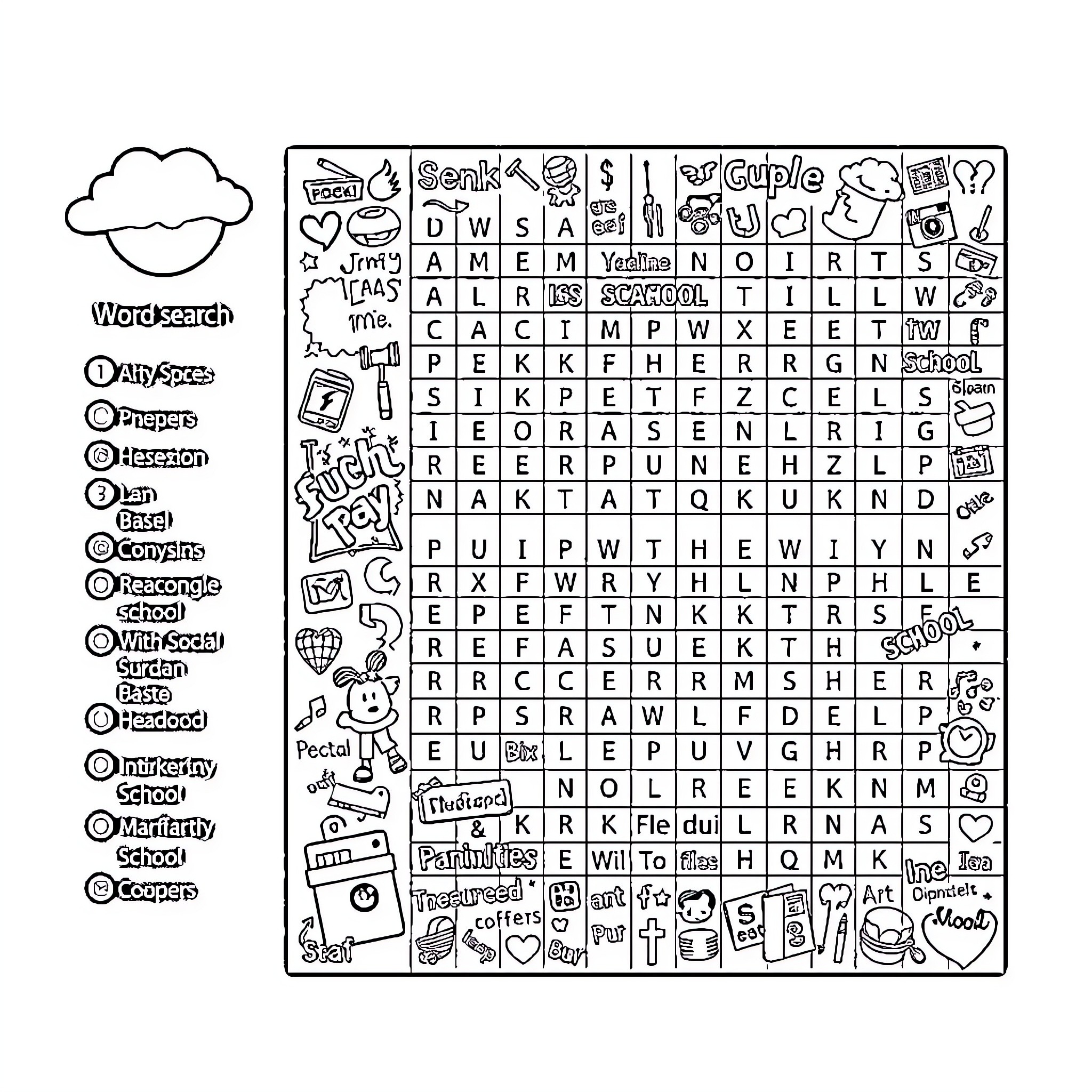 Word Search with Various School-Related Objects and Symbols Coloring Page (free black-and-white line drawing printable PDF for all, from beginners to advanced learners, including children, teens, adults, and seniors)