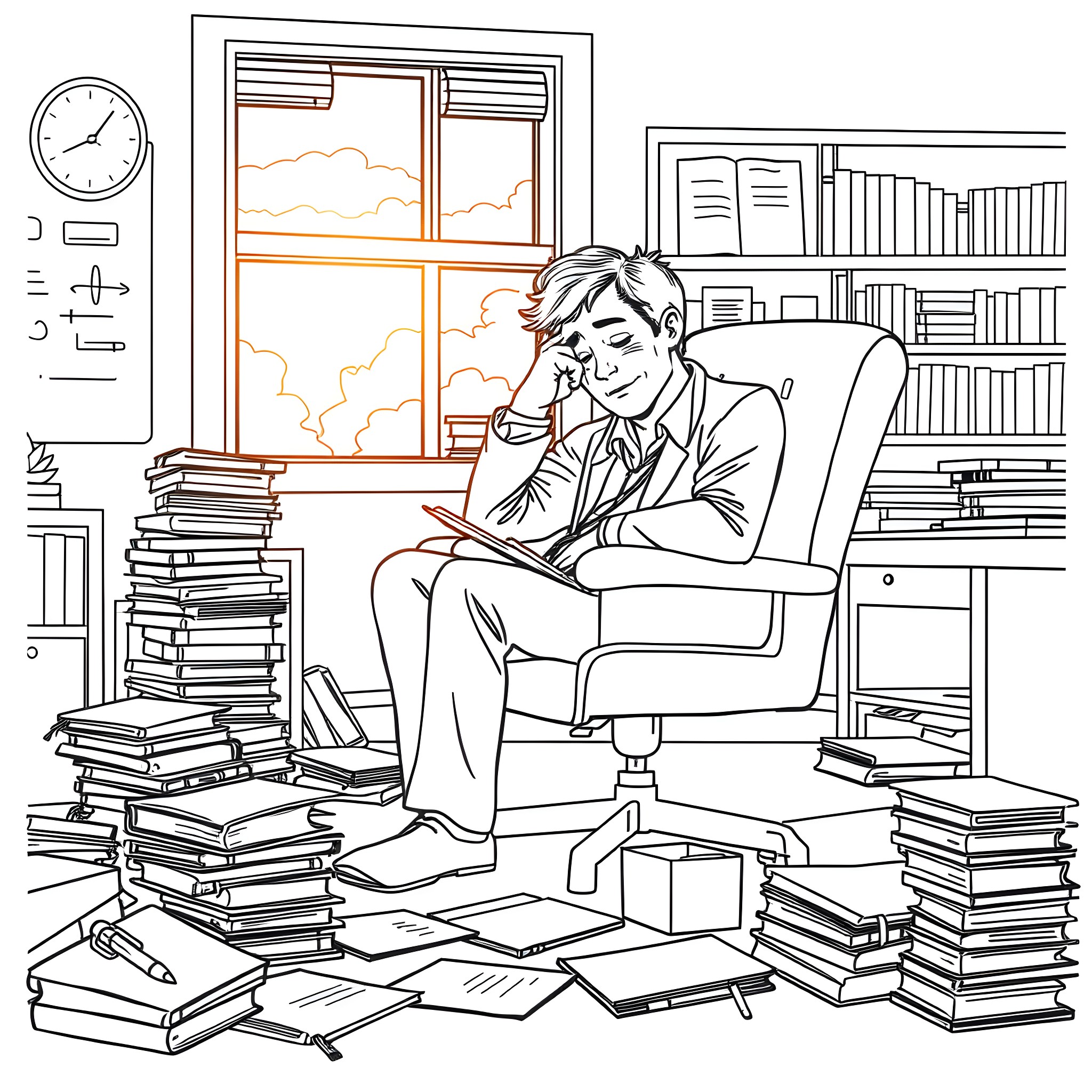 Teacher Relaxing Amidst Piles of Books and Papers Coloring Page (free black-and-white line drawing printable PDF for all, from beginners to advanced learners, including children, teens, adults, and seniors)