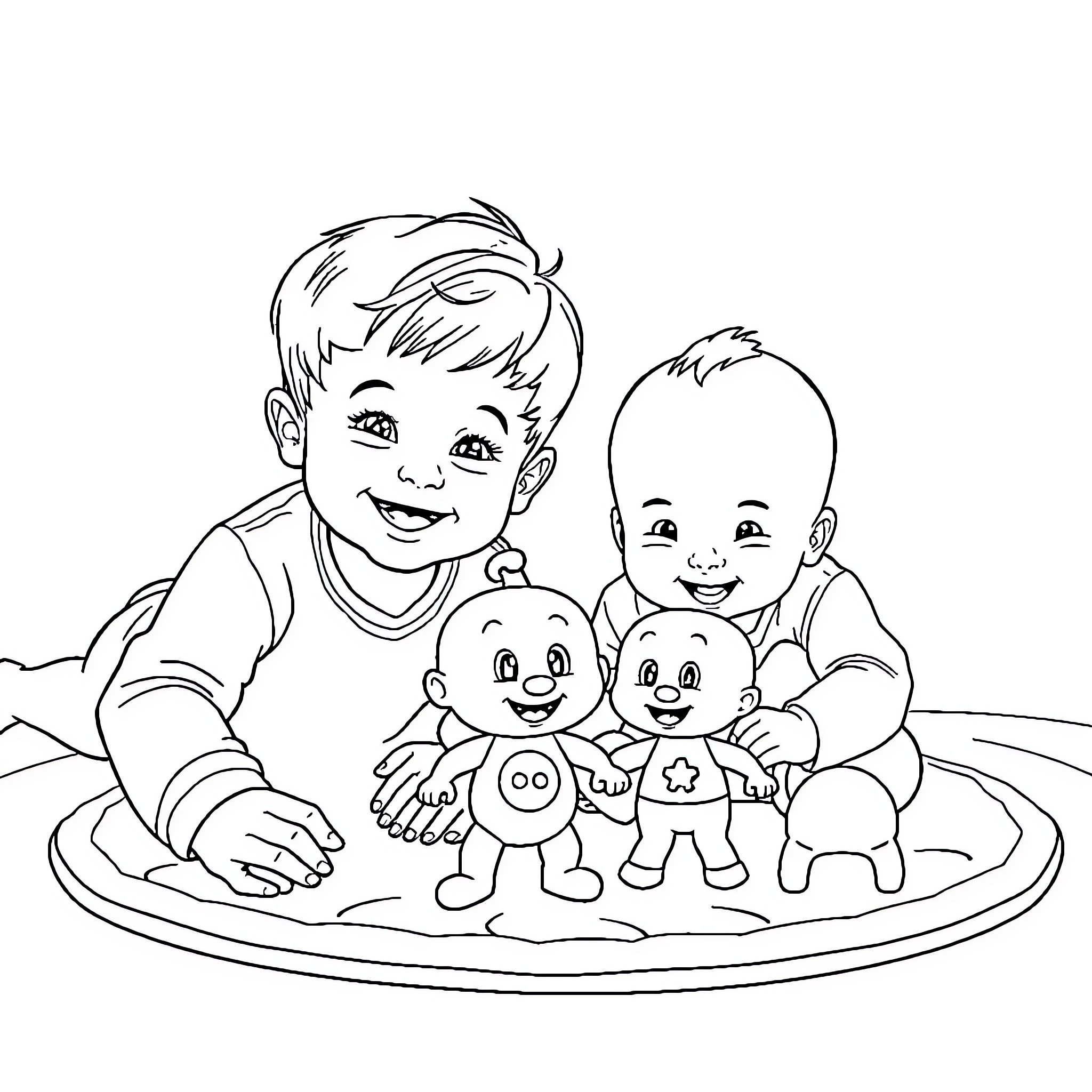 Boy playing with cute dolls on the floor Coloring Page (free black-and-white line drawing printable PDF for all, from beginners to advanced learners, including children, teens, adults, and seniors)