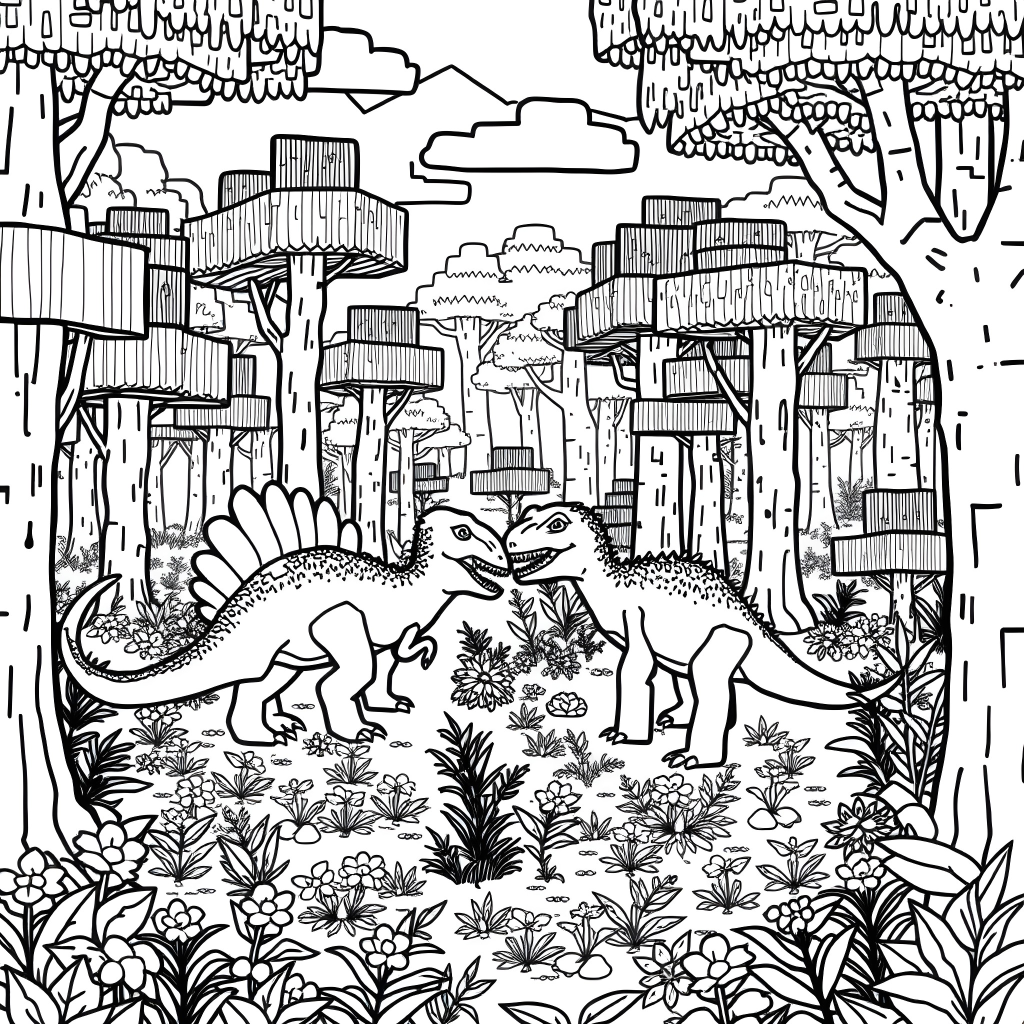 Dinosaurs exploring the lush forest landscape Coloring Page (free black-and-white line drawing printable PDF for all, from beginners to advanced learners, including children, teens, adults, and seniors)