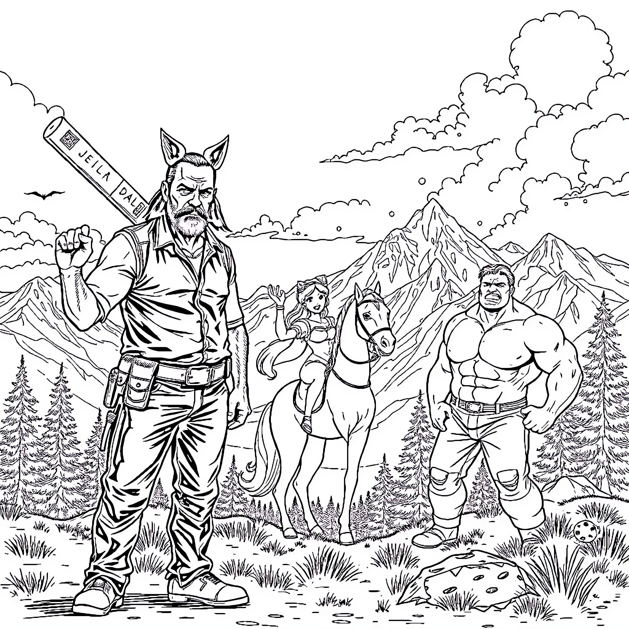 Negan's Rugged Adventure in the Wilderness Coloring Page (free black-and-white line drawing printable PDF for all, from beginners to advanced learners, including children, teens, adults, and seniors)