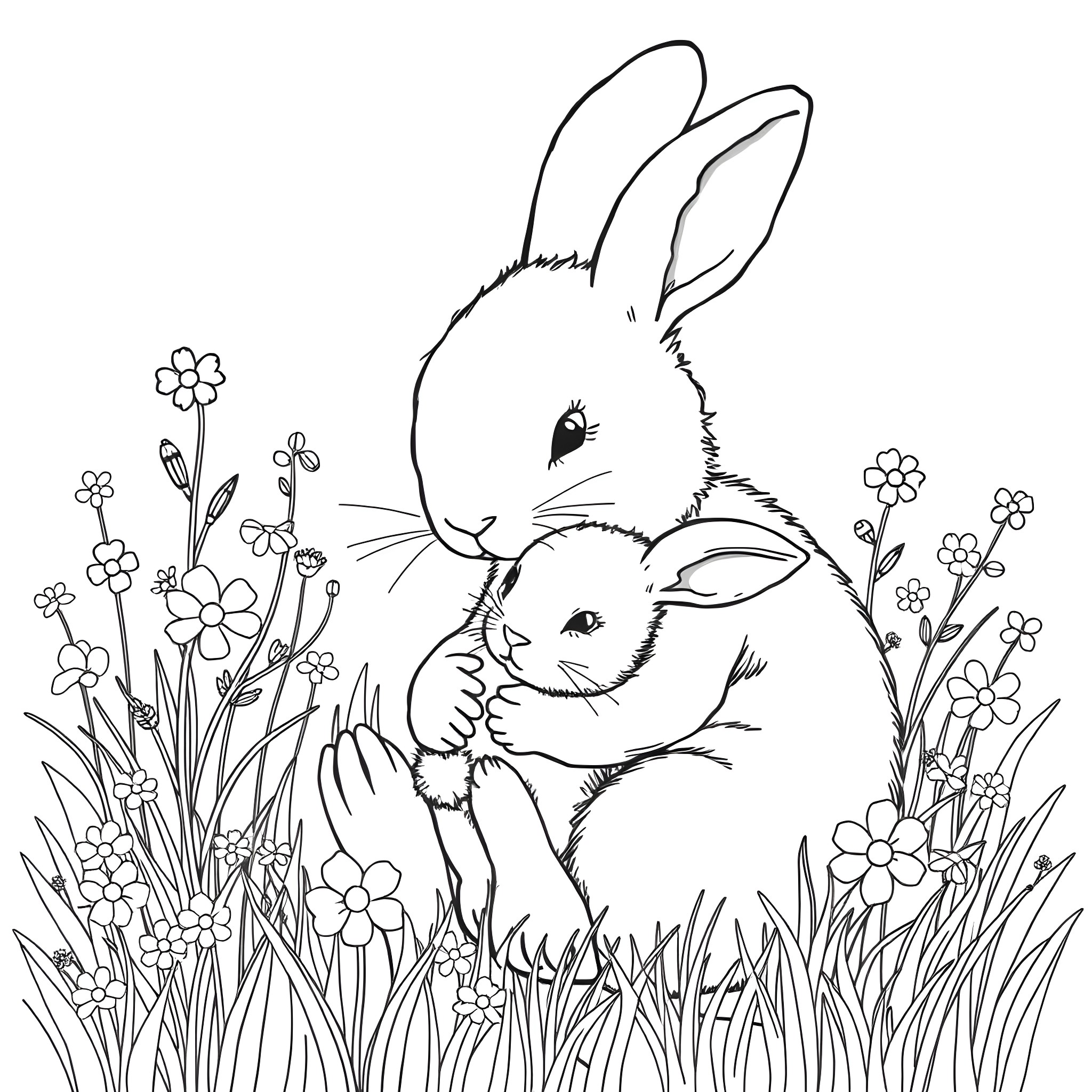 Rabbit family playing in the garden Coloring Page (free black-and-white line drawing printable PDF for all, from beginners to advanced learners, including children, teens, adults, and seniors)