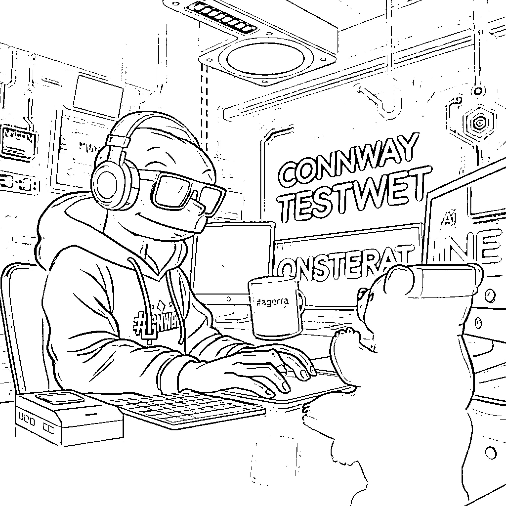Pepe the Engineer Testing Connway in the Control Room Coloring Page (free black-and-white line drawing printable PDF for all, from beginners to advanced learners, including children, teens, adults, and seniors)