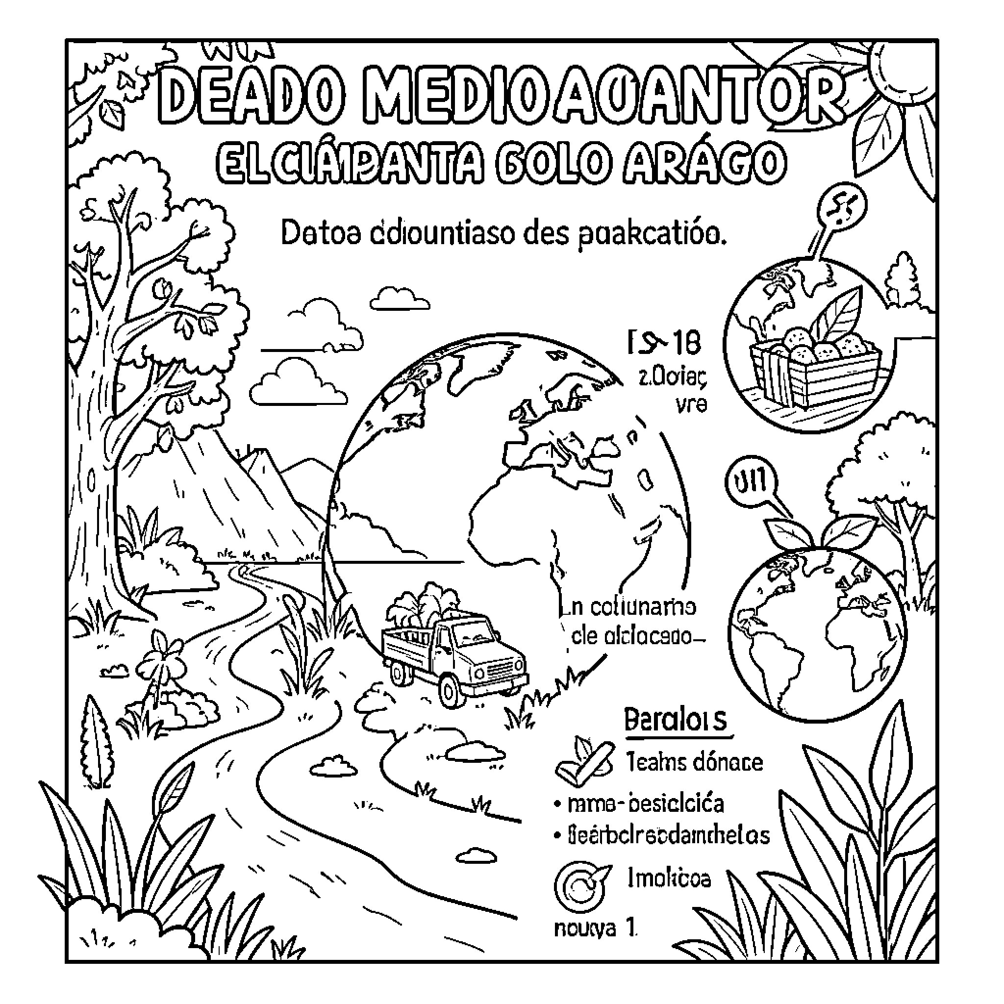 Cuaderno depicting nature landscapes and global transportation scenes Coloring Page (free black-and-white line drawing printable PDF for all, from beginners to advanced learners, including children, teens, adults, and seniors)