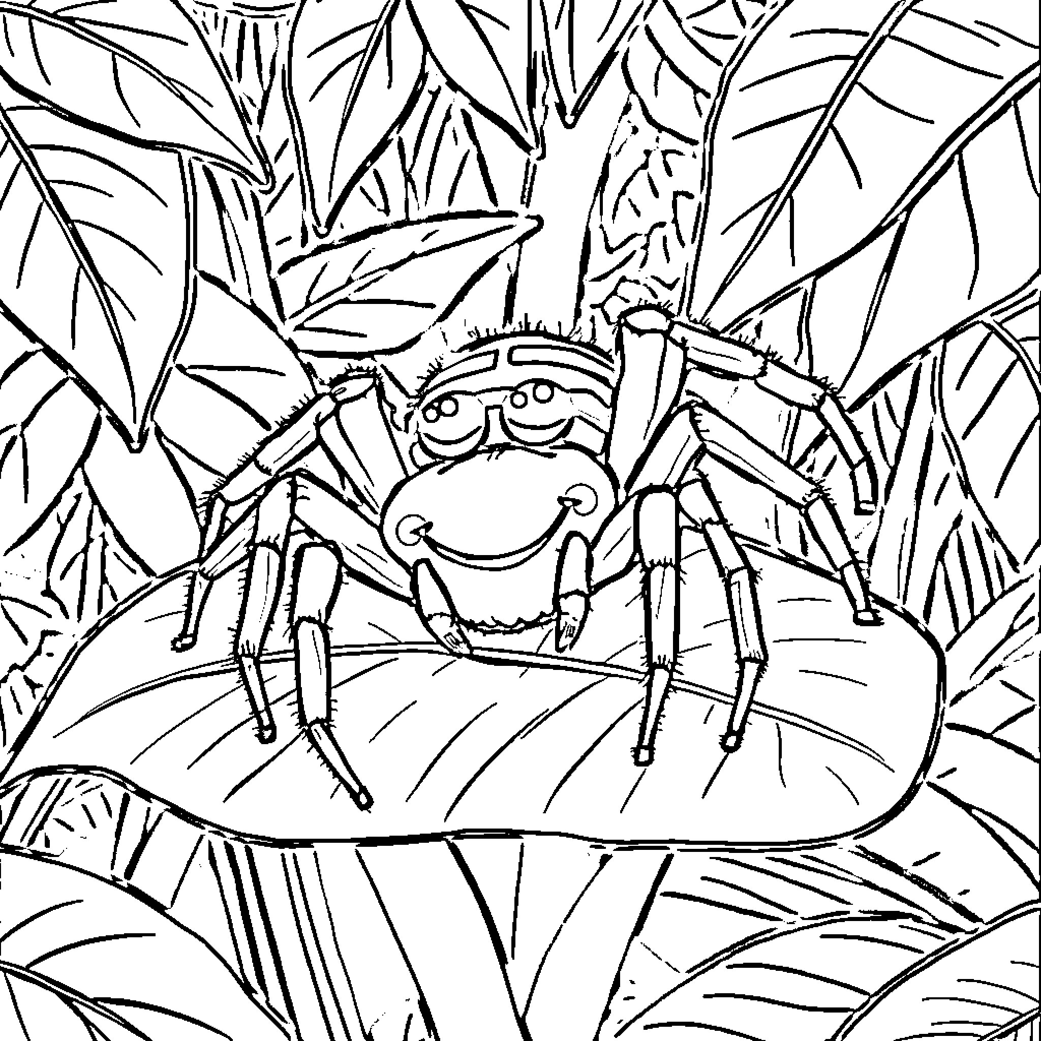 Spider gazing curiously from its leafy hideaway Coloring Page (free black-and-white line drawing printable PDF for all, from beginners to advanced learners, including children, teens, adults, and seniors)