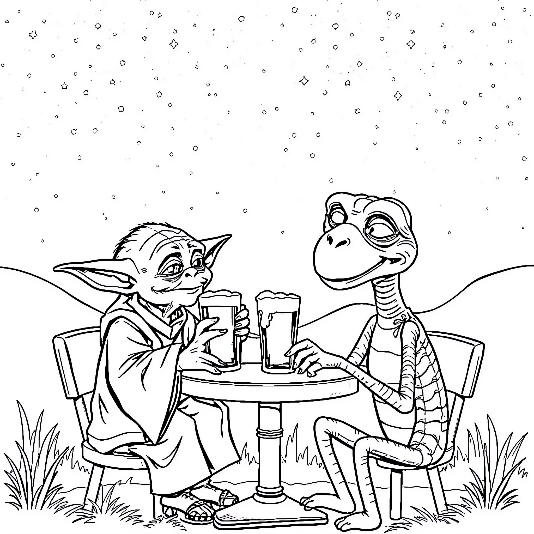 Yoda and alien creature having drinks under the stars Coloring Page (free black-and-white line drawing printable PDF for all, from beginners to advanced learners, including children, teens, adults, and seniors)