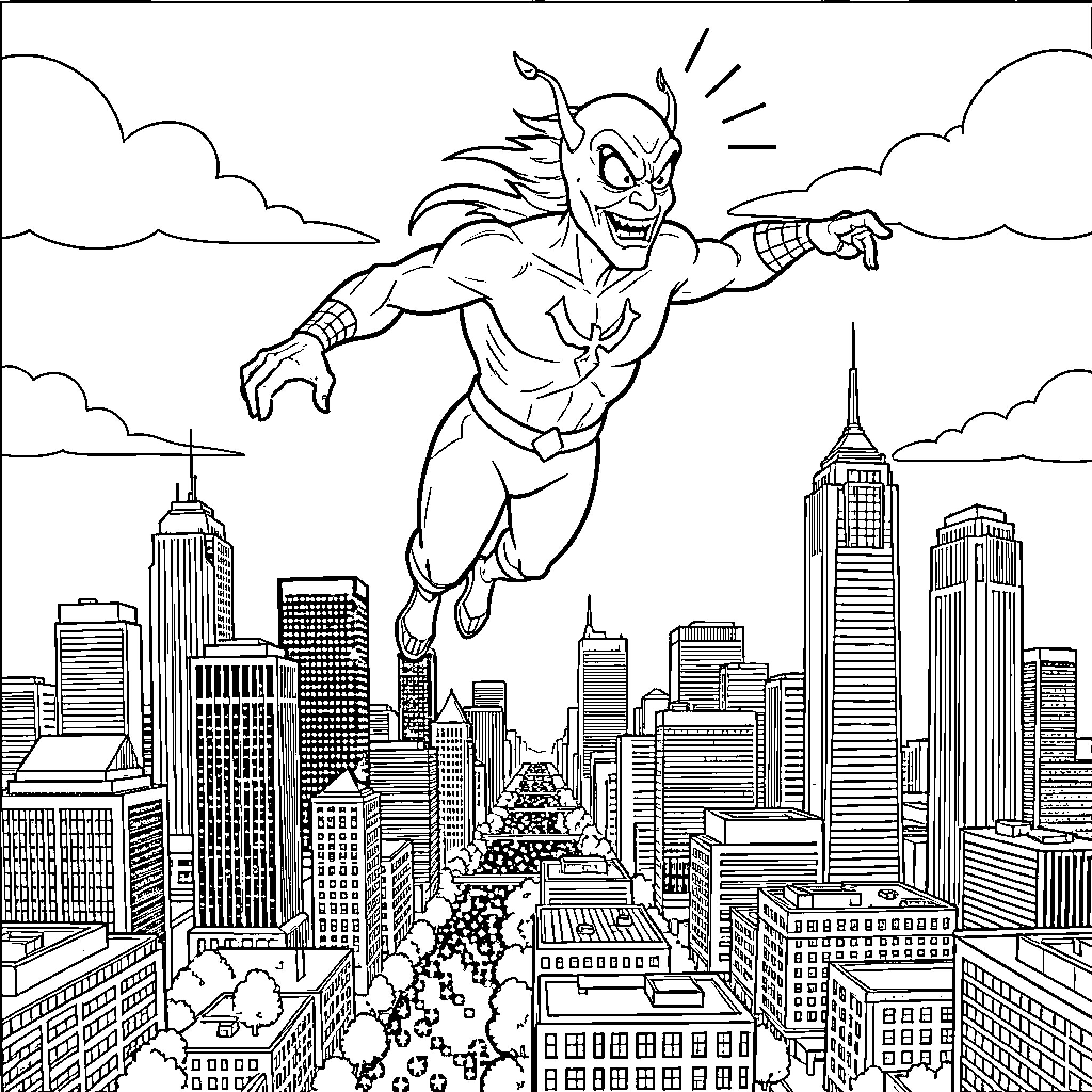 Goblin superhero soaring over the city skyline Coloring Page (free black-and-white line drawing printable PDF for all, from beginners to advanced learners, including children, teens, adults, and seniors)