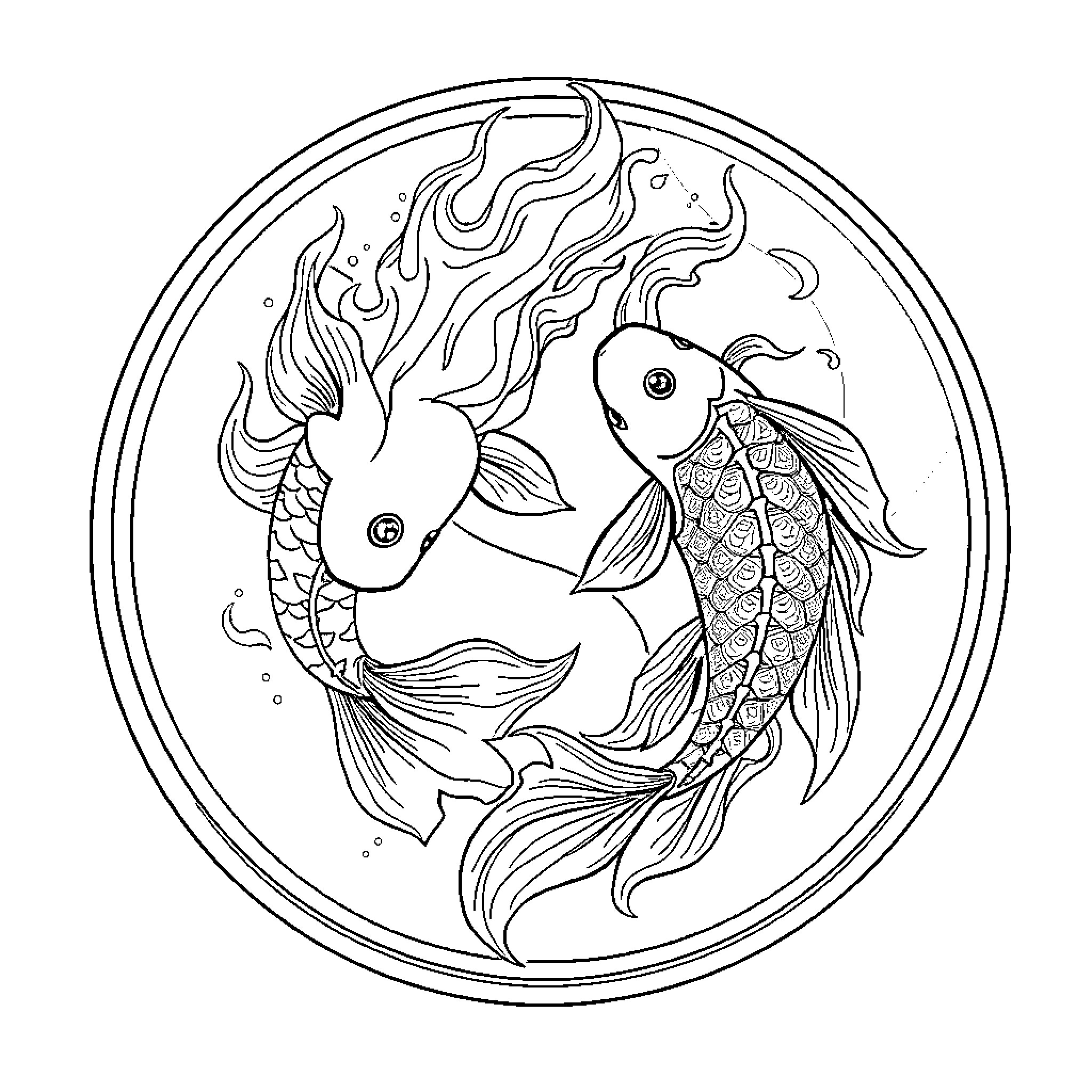 Koi Fish Swimming Gracefully in a Circular Frame Coloring Page (free black-and-white line drawing printable PDF for all, from beginners to advanced learners, including children, teens, adults, and seniors)
