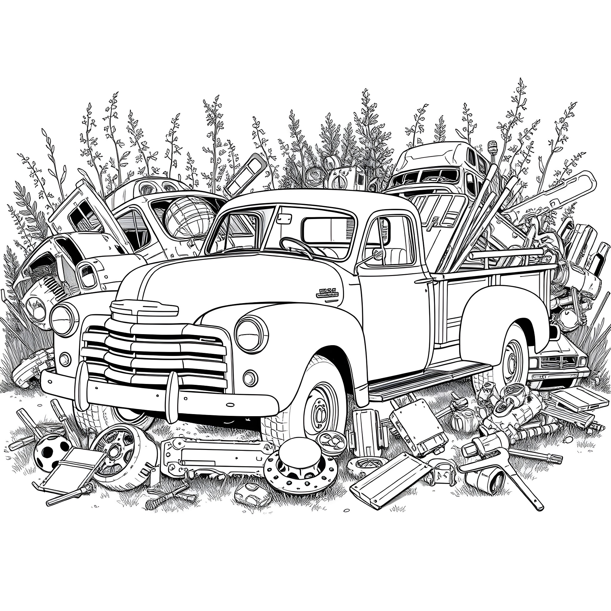 Pick Up Truck Surrounded by Vintage Car Parts Coloring Page (free black-and-white line drawing printable PDF for all, from beginners to advanced learners, including children, teens, adults, and seniors)