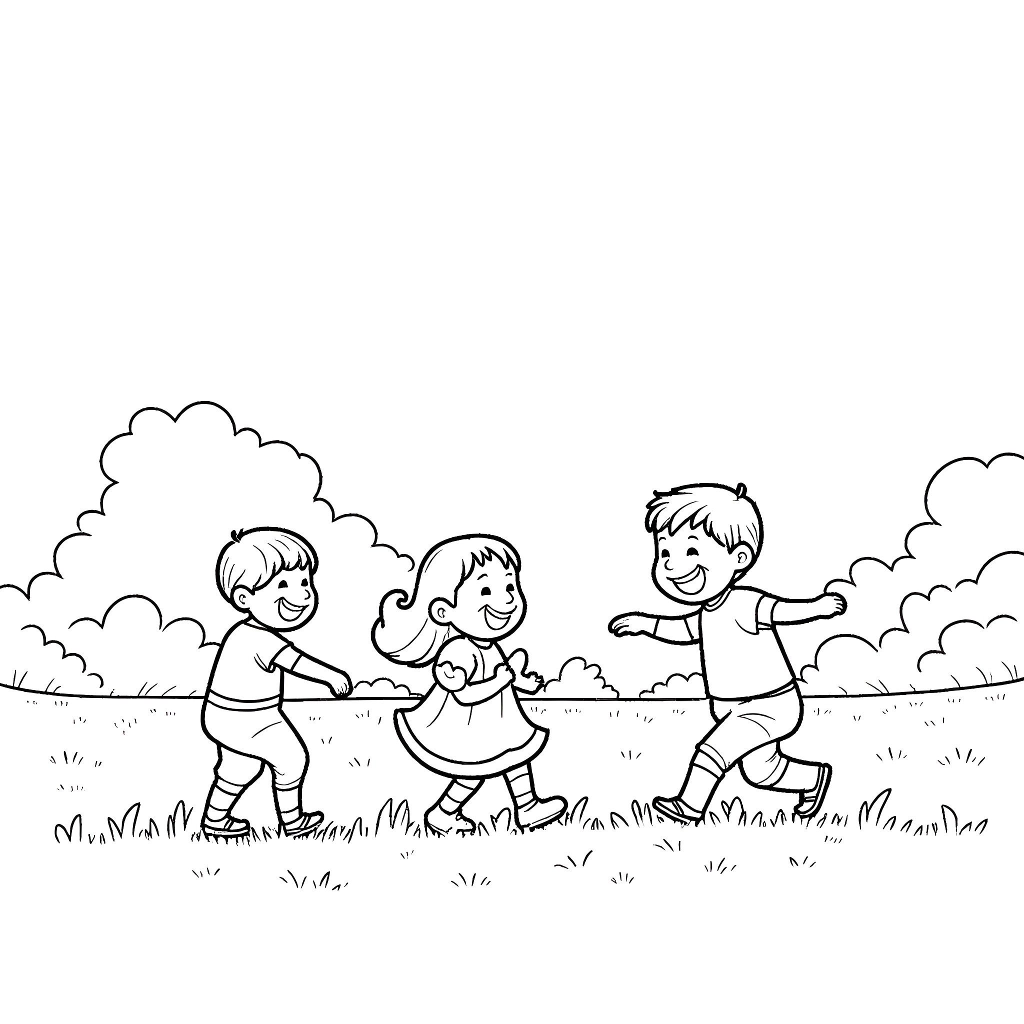 Children playing outdoors in the park Coloring Page (free black-and-white line drawing printable PDF for all, from beginners to advanced learners, including children, teens, adults, and seniors)