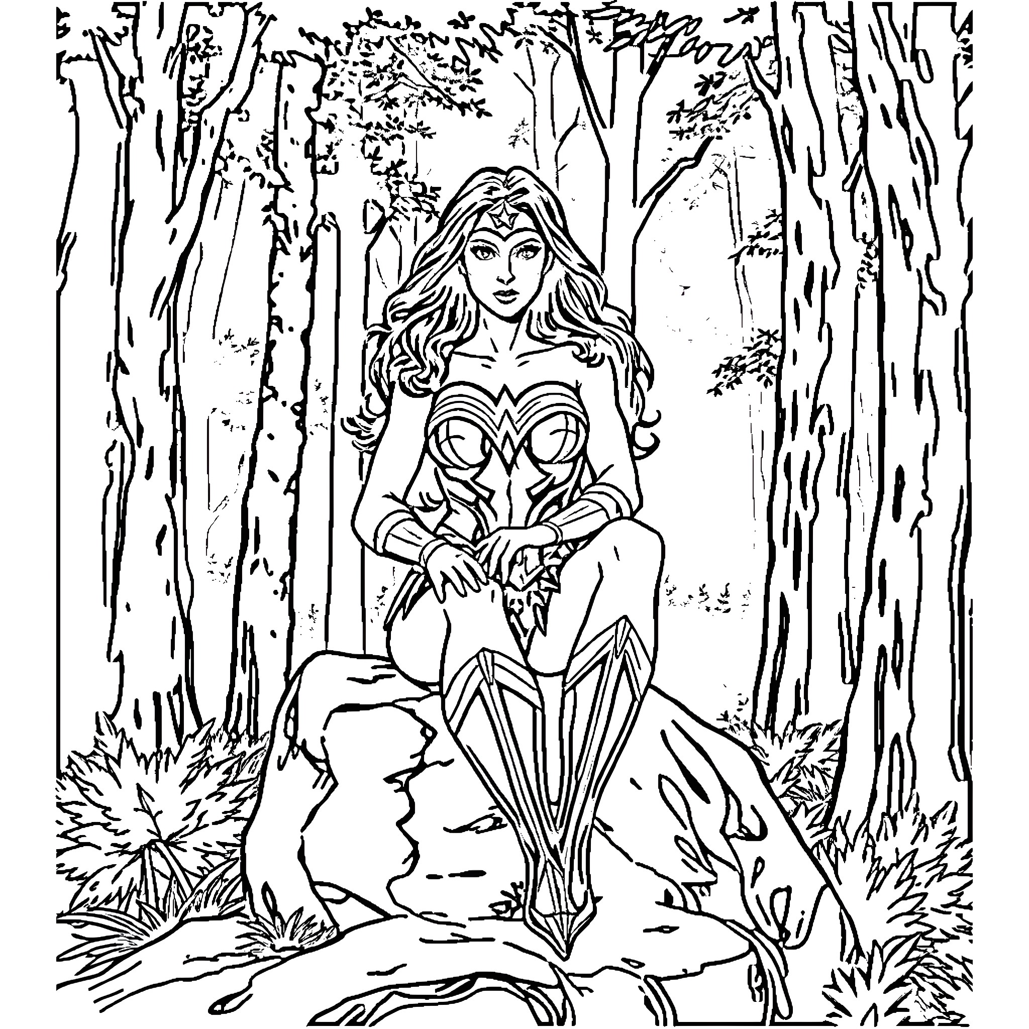 Wonder Woman in a mystical forest setting Coloring Page (free black-and-white line drawing printable PDF for all, from beginners to advanced learners, including children, teens, adults, and seniors)