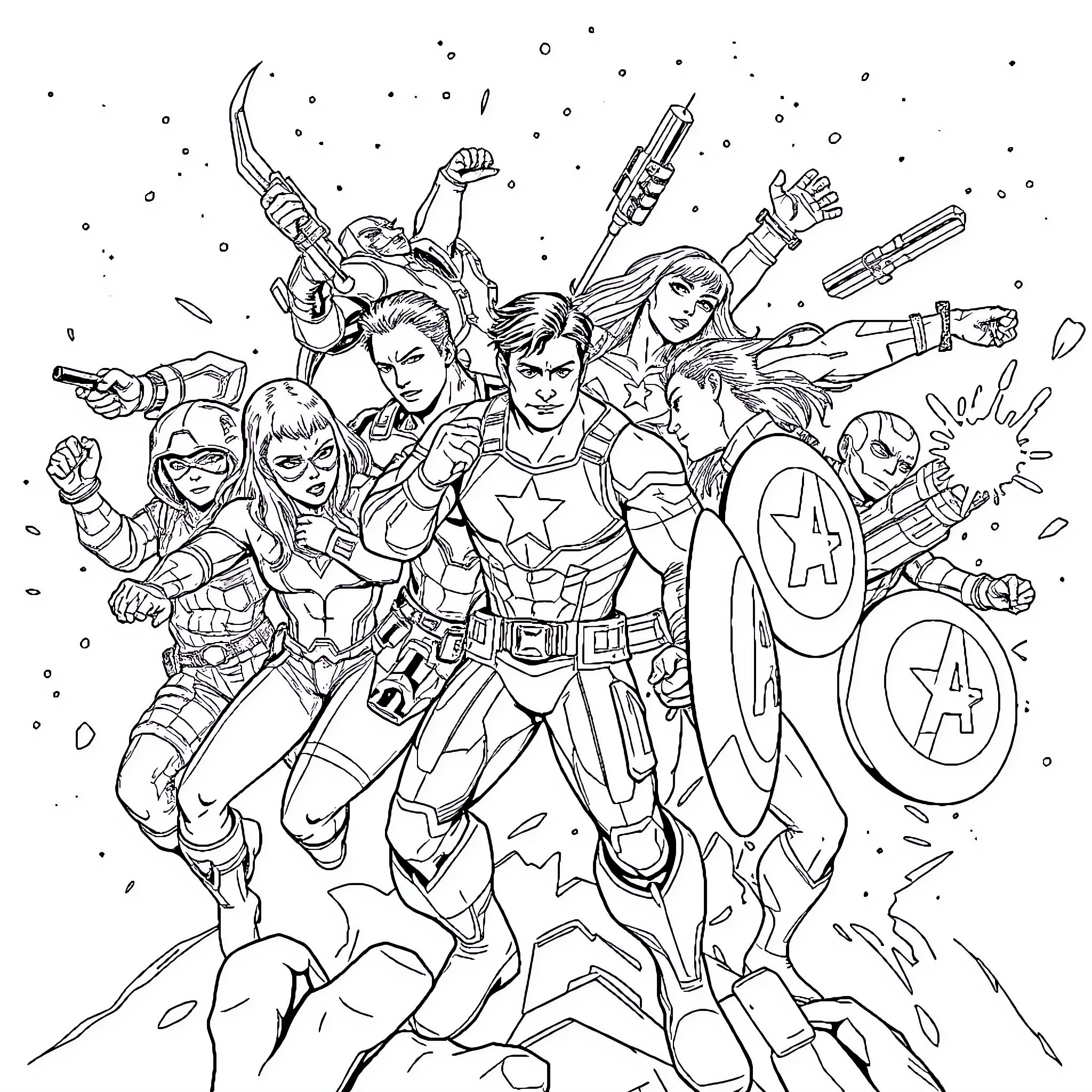 Avengers Assemble for Epic Battle Coloring Page (free black-and-white line drawing printable PDF for all, from beginners to advanced learners, including children, teens, adults, and seniors)