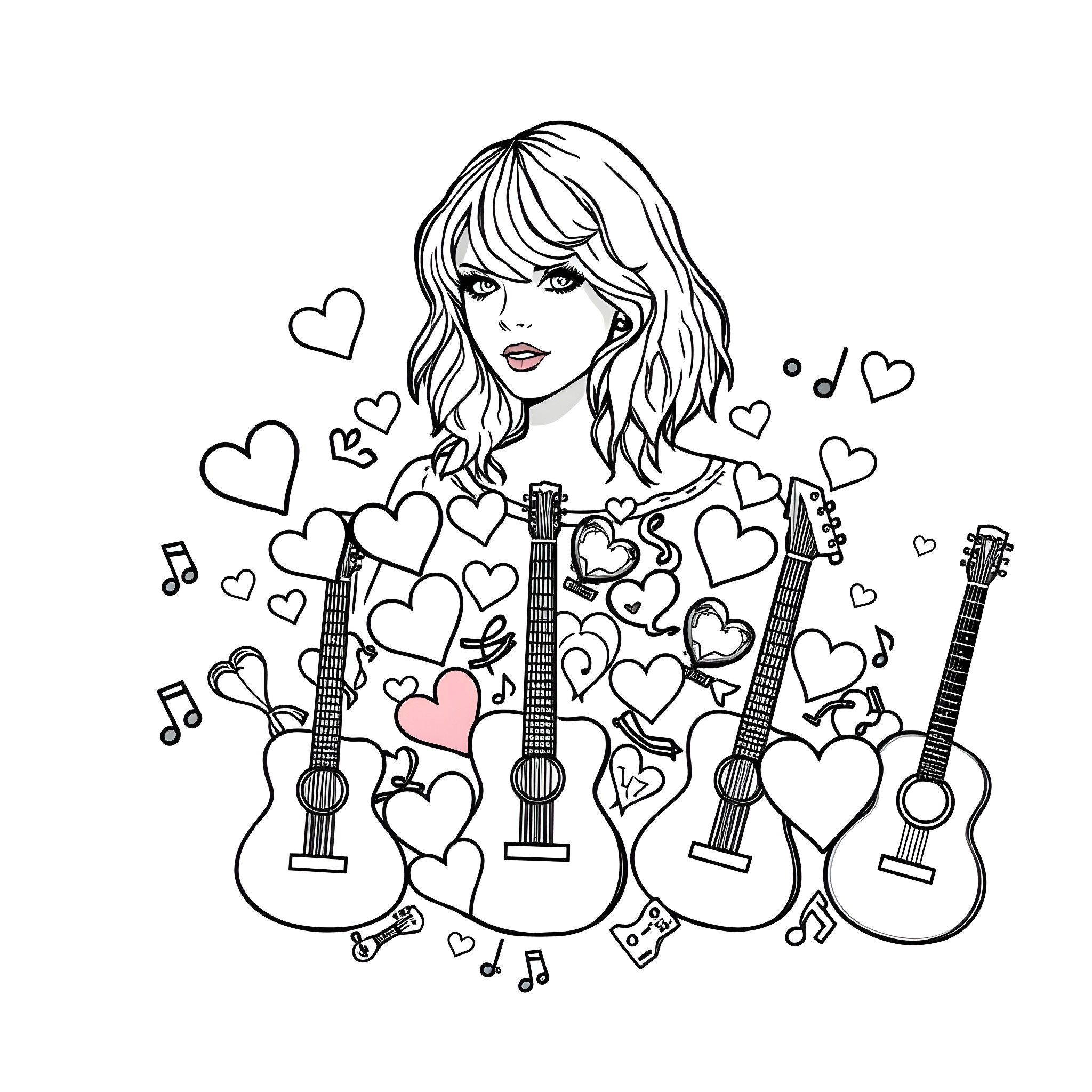 Taylor Swift surrounded by musical hearts and guitars Coloring Page (free black-and-white line drawing printable PDF for all, from beginners to advanced learners, including children, teens, adults, and seniors)