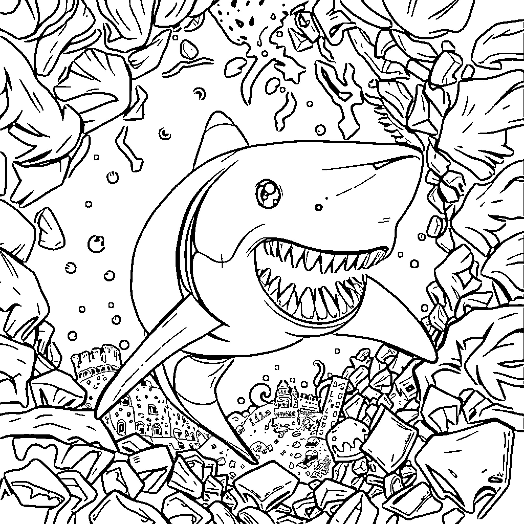 Street Shark devouring underwater city landscape Coloring Page (free black-and-white line drawing printable PDF for all, from beginners to advanced learners, including children, teens, adults, and seniors)